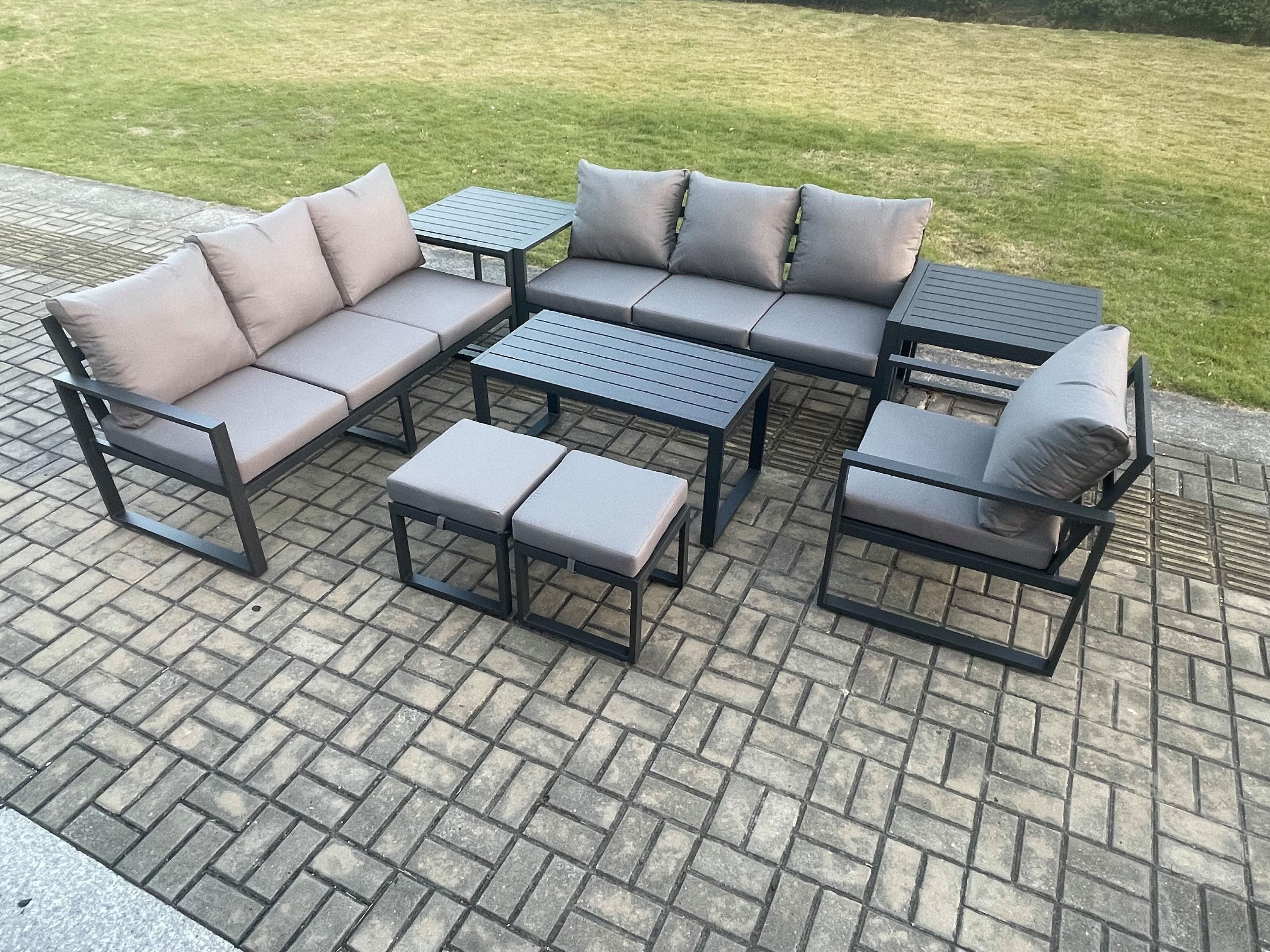 Aluminium 9 Seater Garden Furniture Outdoor Patio Sofa Set Rectangular Coffee Table Armchair 2 Small Footstool 2 Side Tables