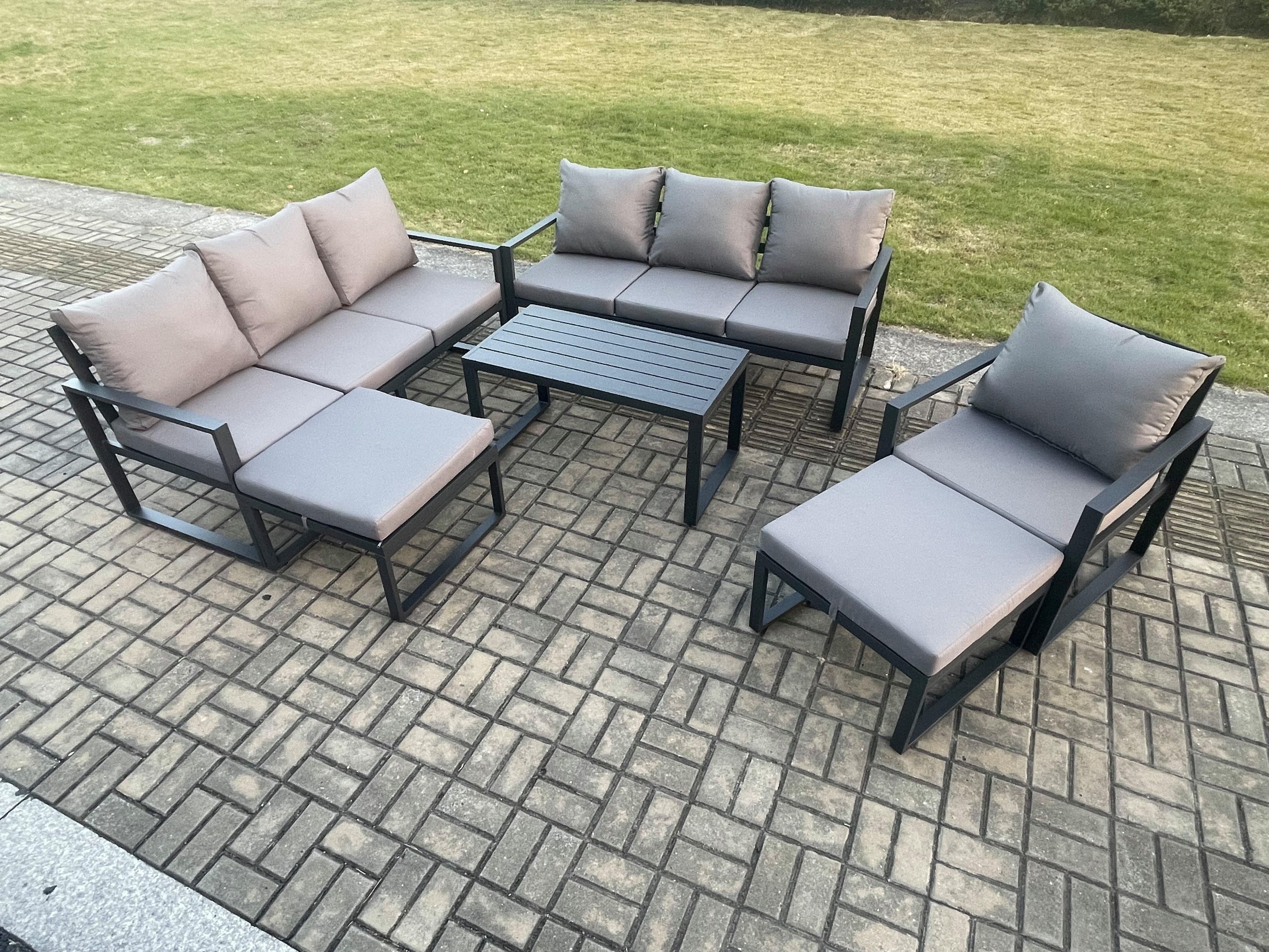 Aluminium 6 Pieces Garden Furniture Set Cushions 9 Seater Outdoor Patio Lounge Sofa Set Armchair 2 Big Footstools
