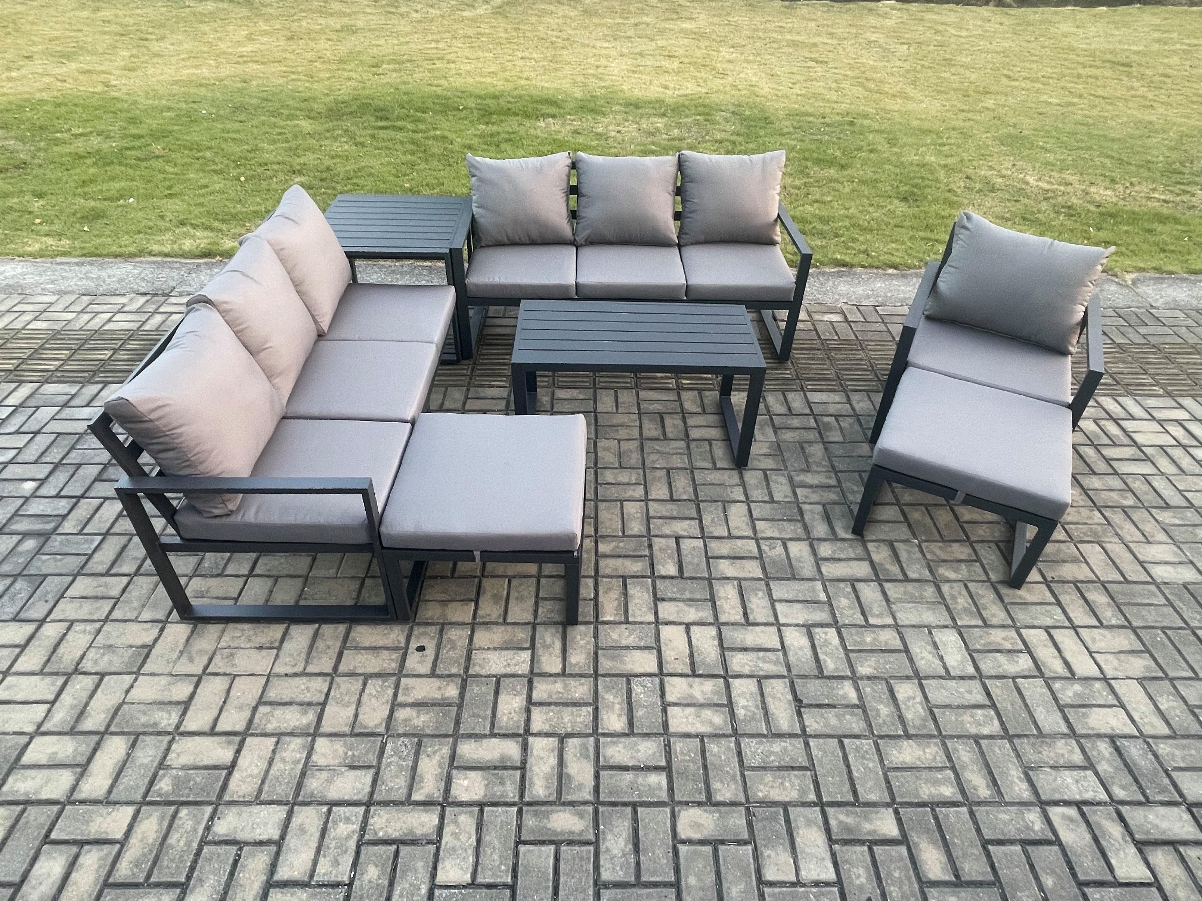 Aluminium 7 Pieces Garden Furniture Set Cushions 9 Seater Outdoor Patio Lounge Sofa Set Armchair 2 Big Footstools Side Table
