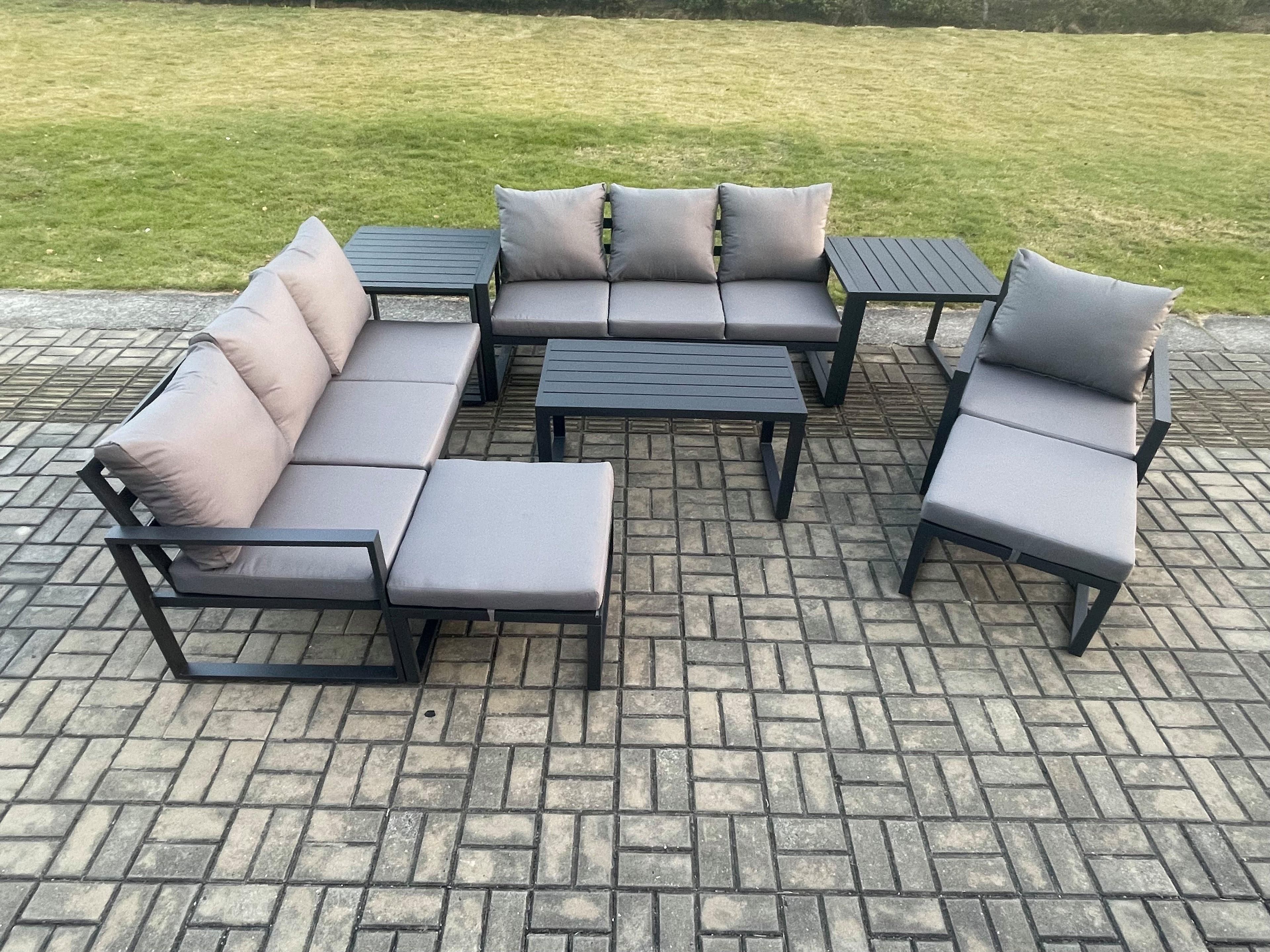 Aluminium 8 Pieces Garden Furniture Set Cushions 9 Seater Outdoor Patio Lounge Sofa Set Armchair 2 Footstools 2 Side Tables