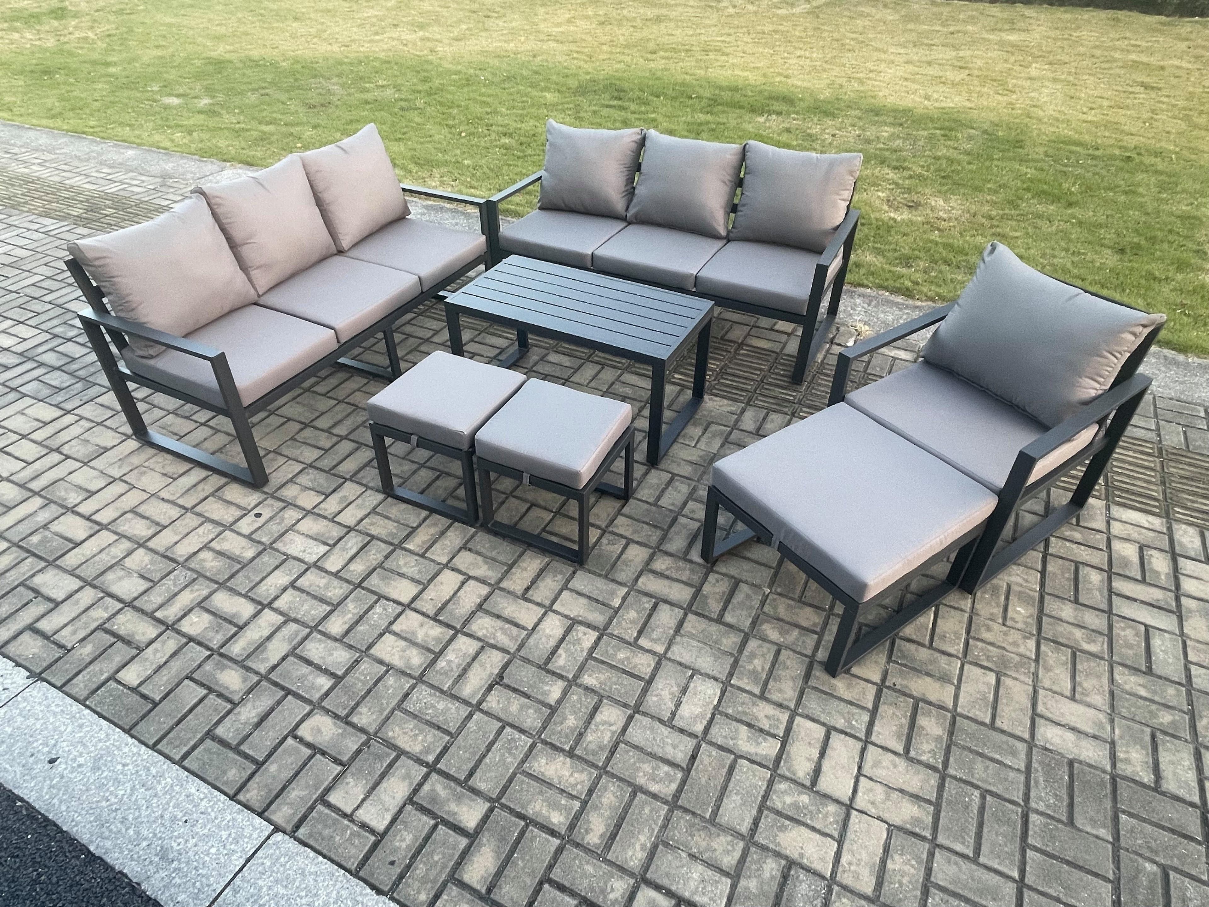 Aluminium 7 Pieces Garden Furniture Set Cushions 10 Seater Outdoor Patio Lounge Sofa Set Armchair 3 Footstools