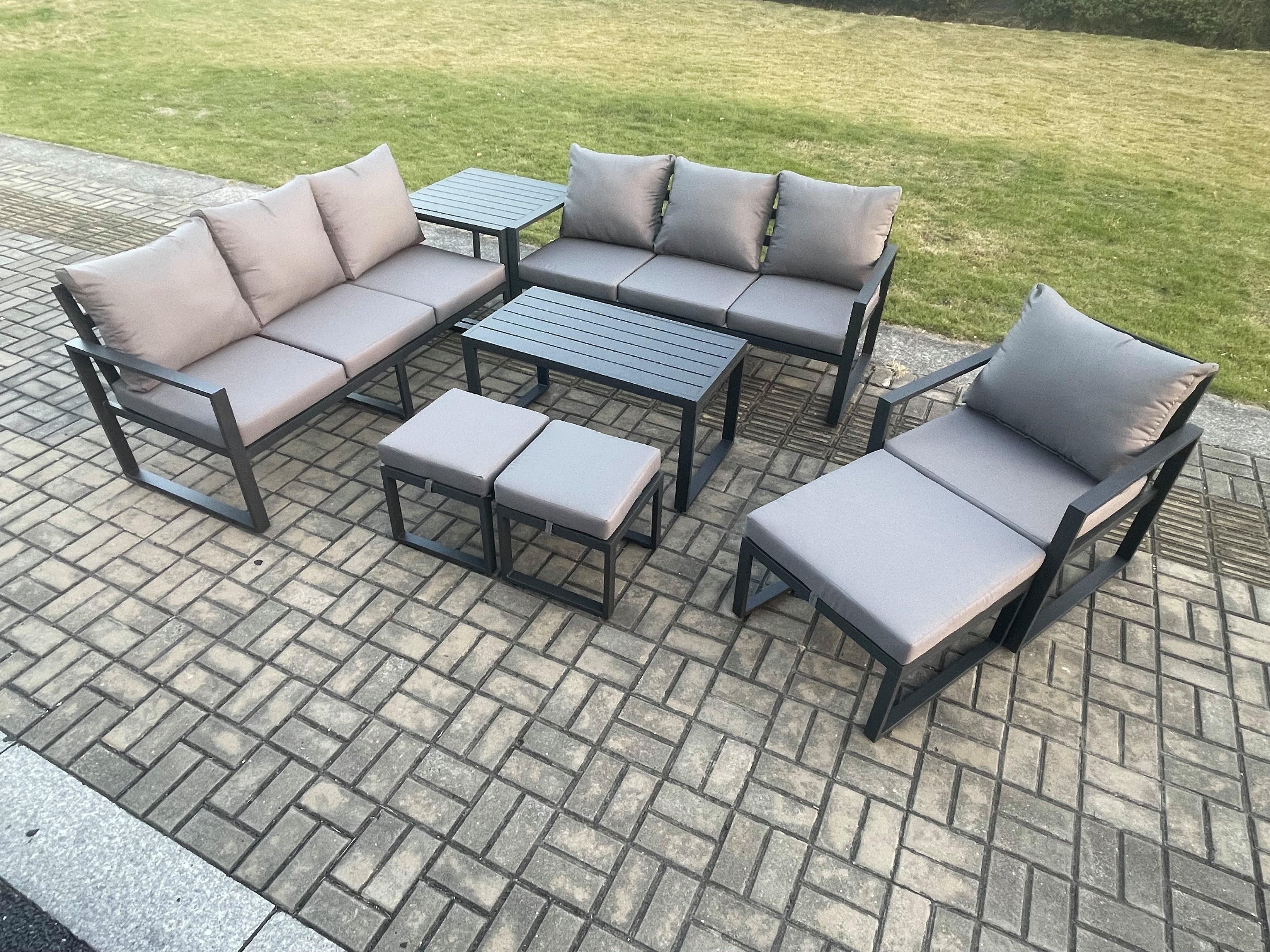 Aluminium 8 Pieces Garden Furniture Set Cushions 10 Seater Outdoor Patio Lounge Sofa Set Armchair 3 Footstools Side Table