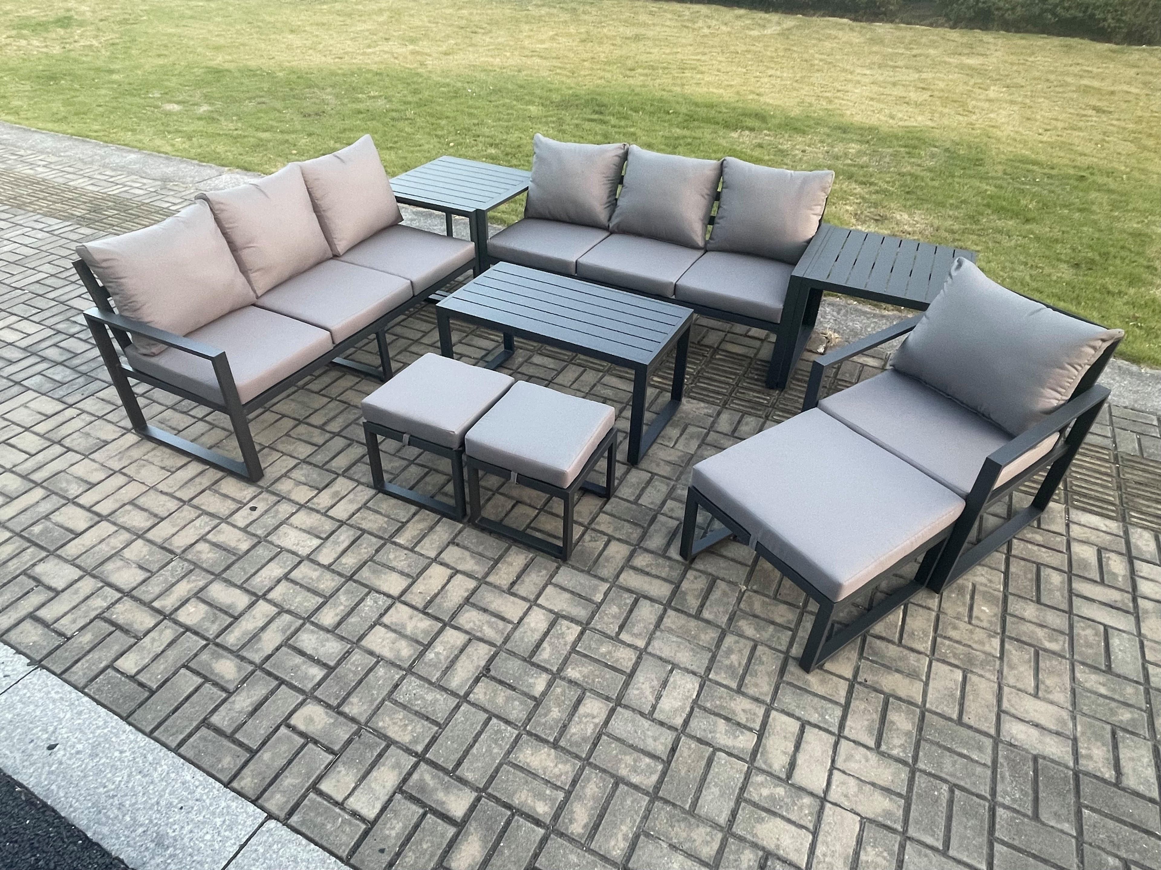 Aluminium 9 Pieces Garden Furniture Set Cushions 10 Seater Outdoor Patio Lounge Sofa Set Armchair 3 Footstools 2 Side Tables
