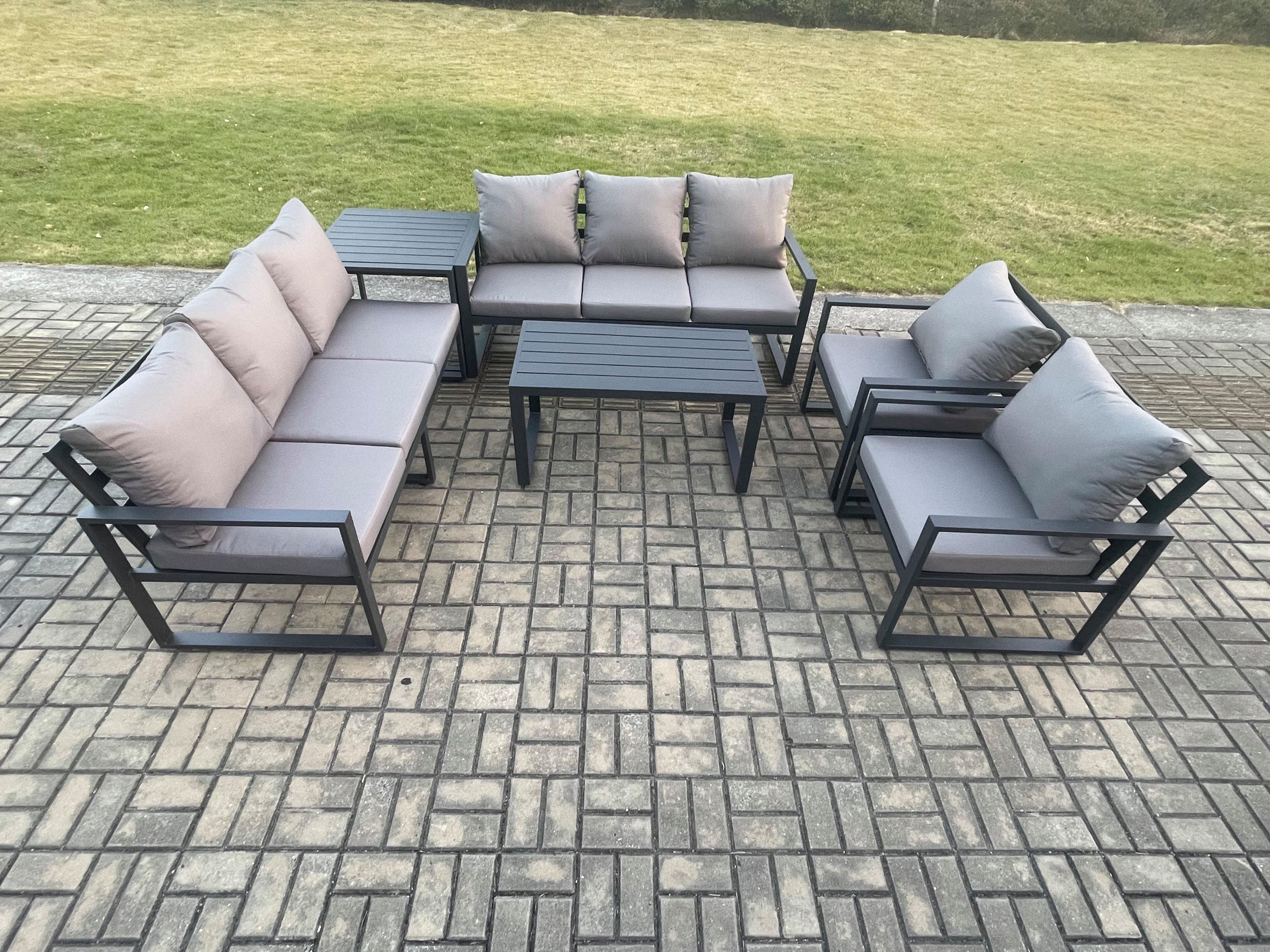Aluminium 6 Pieces Garden Furniture Set Cushions 8 Seater Outdoor Patio Lounge Sofa Set 2 Armchairs Side Table Dark Grey