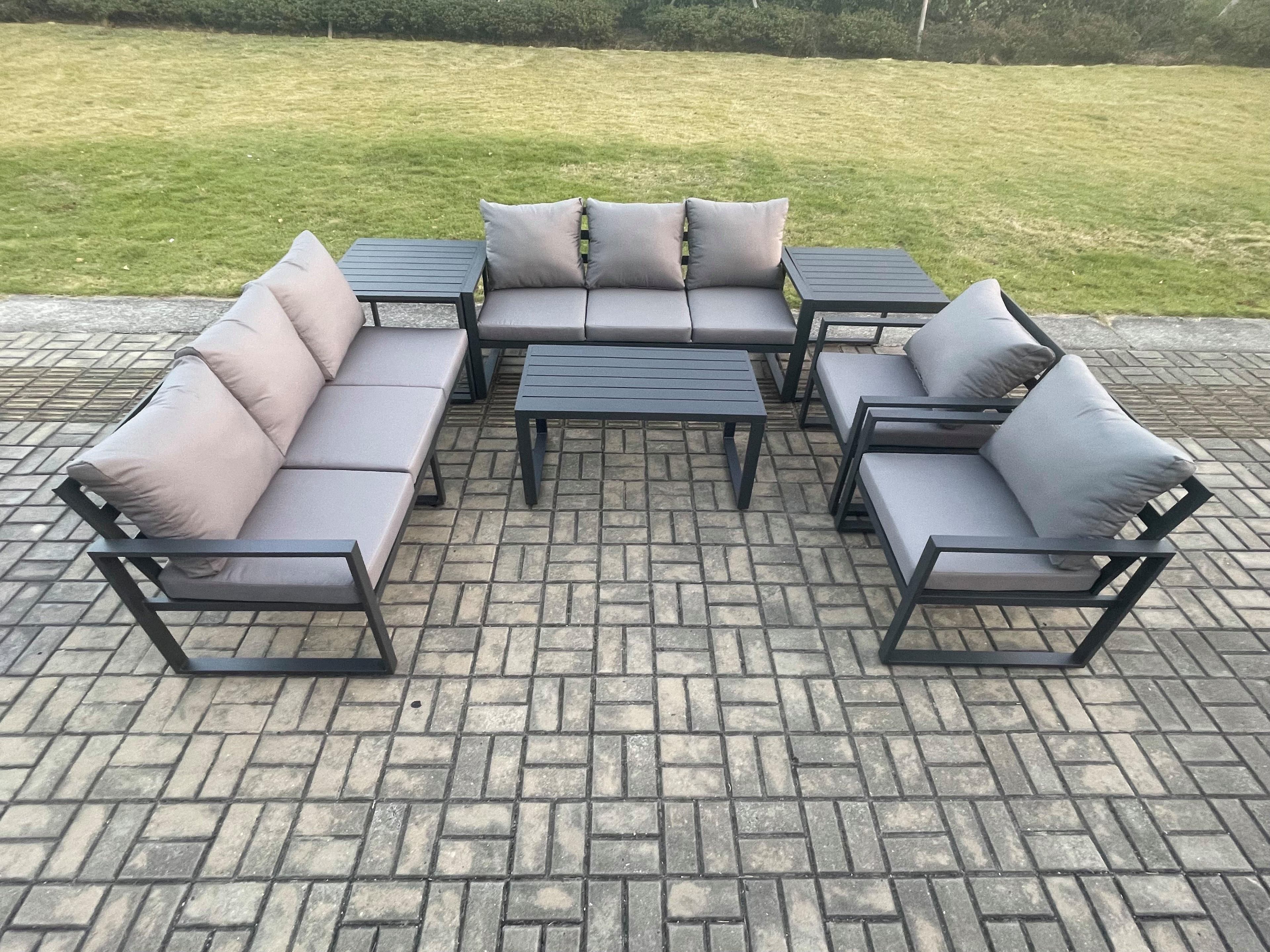 Aluminium 7 Pieces Garden Furniture Set Cushions 8 Seater Outdoor Patio Lounge Sofa Set 2 Armchairs 2 Side Tables Dark Grey