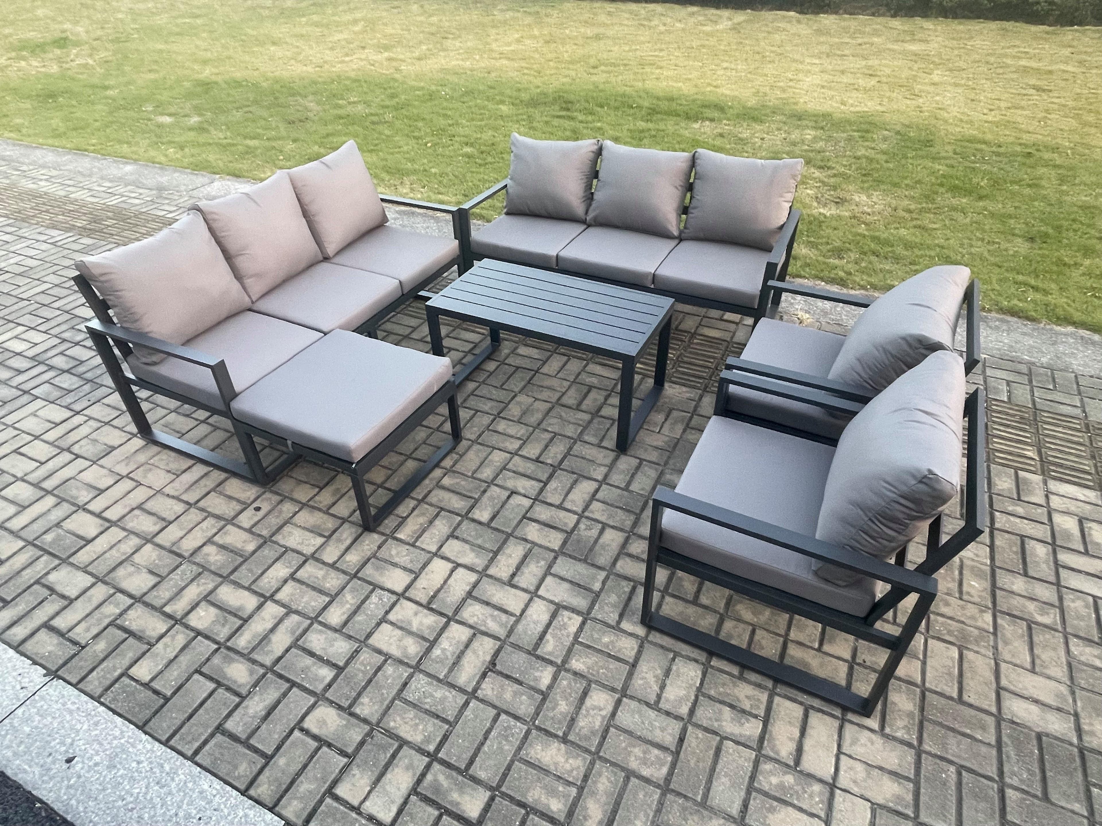 Aluminium Outdoor Garden Furniture Set 9 Seater Garden Sofa Oblong Coffee Table Big Footstool Dark Grey