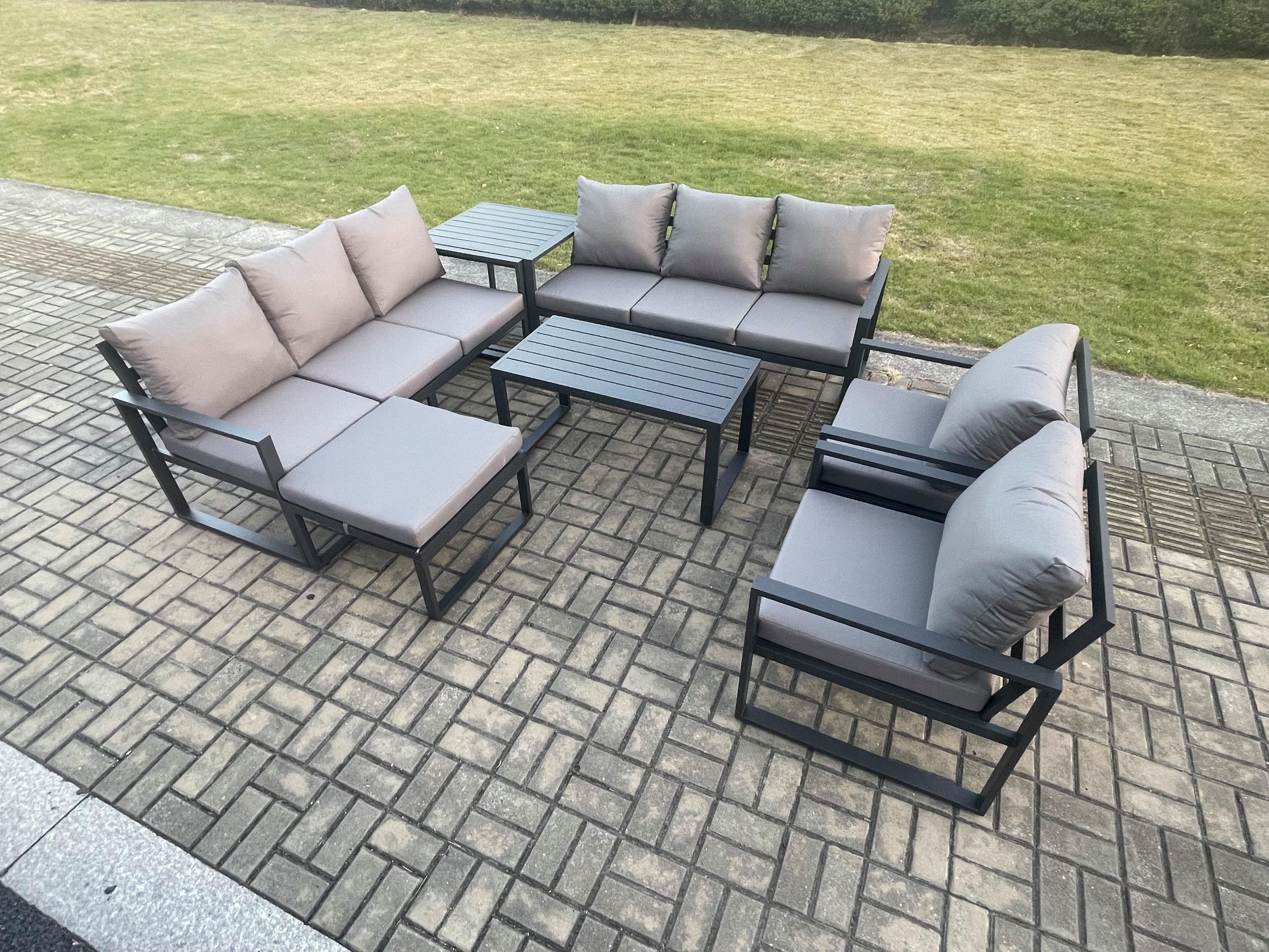 Aluminium Outdoor Garden Furniture Set 9 Seater Garden Sofa Oblong Coffee Table Big Footstool Side Table Dark Grey