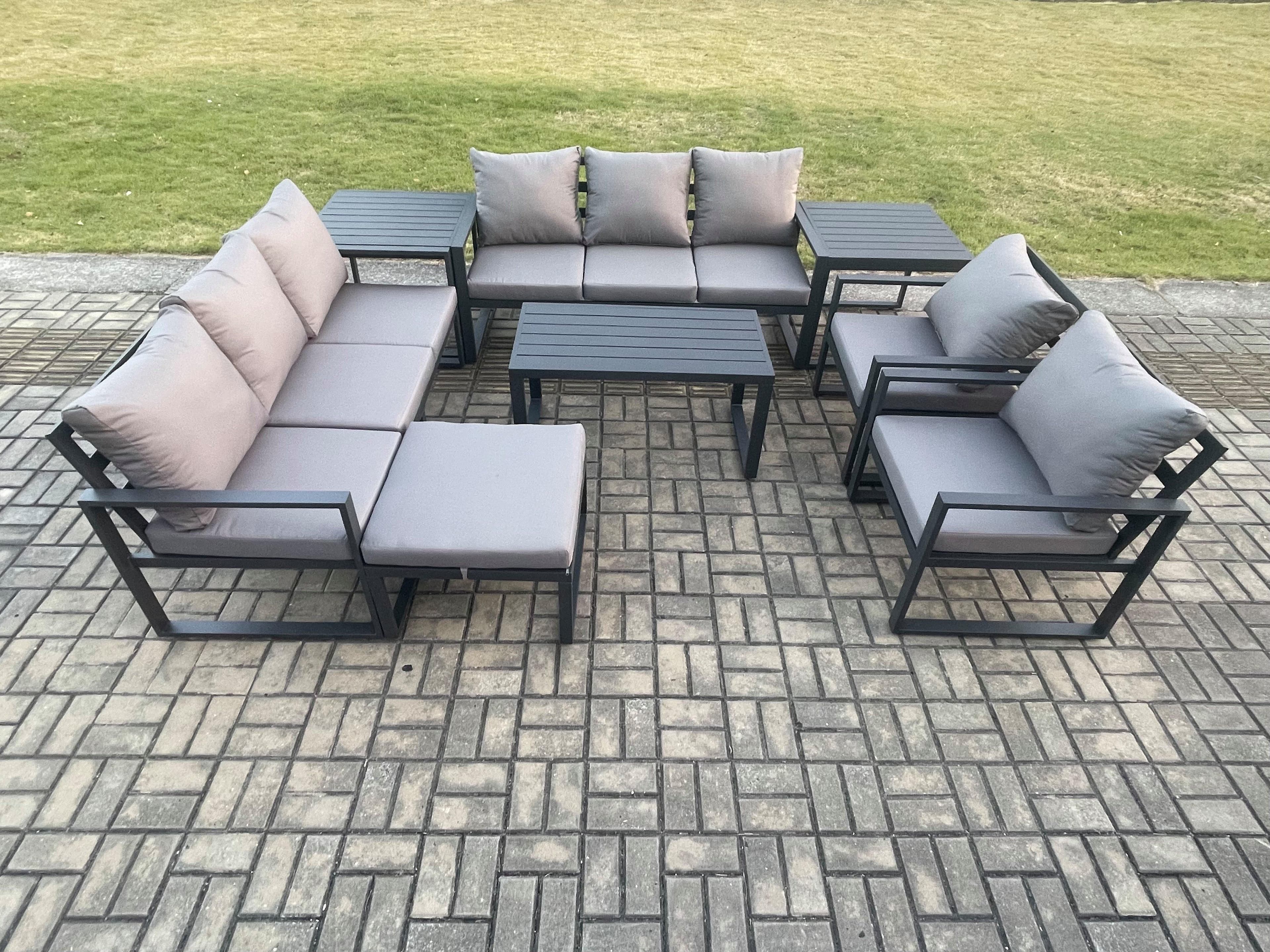 Aluminium Outdoor Garden Furniture Set 9 Seater Garden Sofa Oblong Coffee Table Big Footstool 2 Side Tables Dark Grey