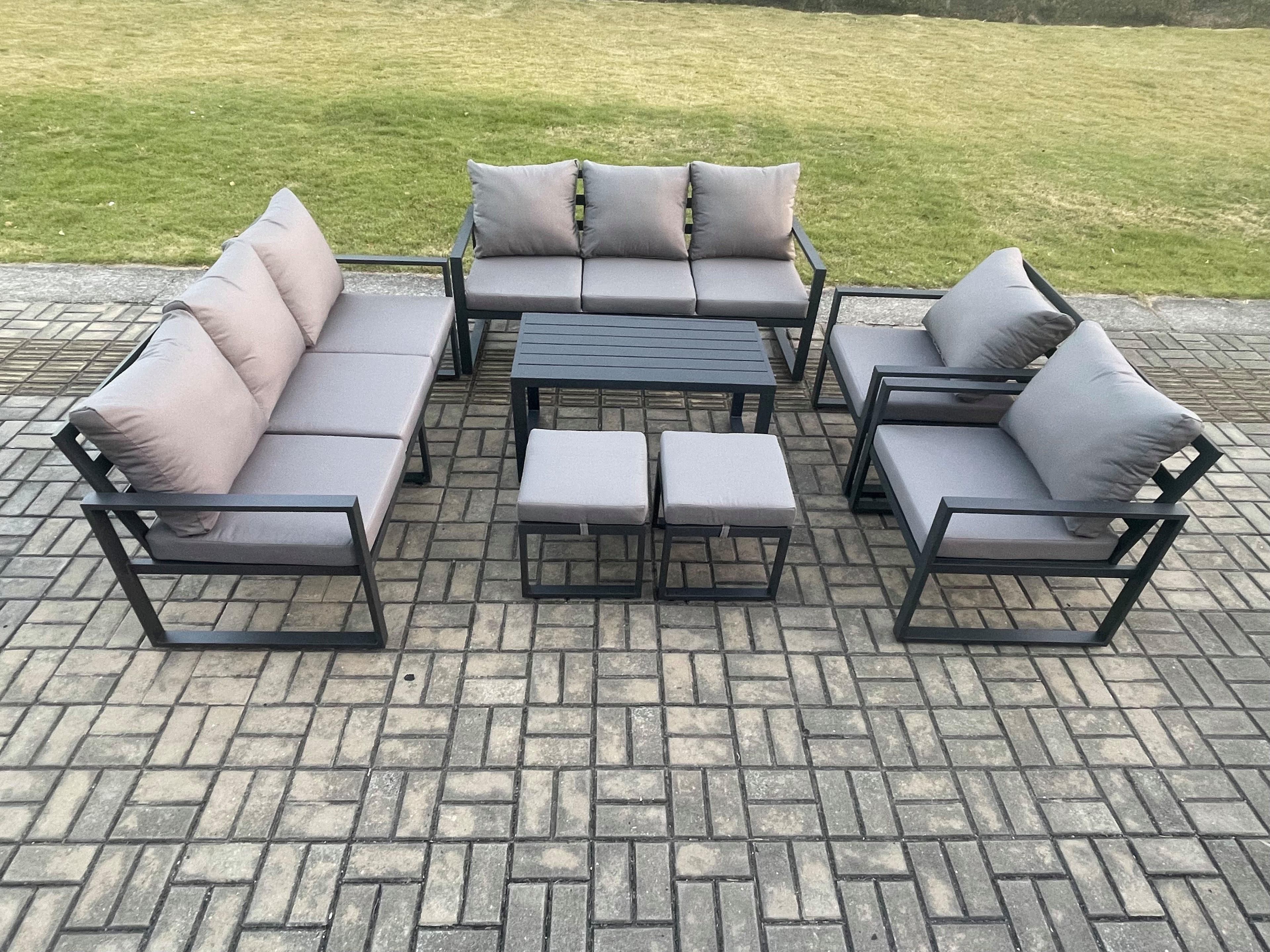 Aluminium Outdoor Garden Furniture Lounge Sofa 2 PC Chairs Oblong Coffee Table Sets 2 Small Footstool Dark Grey