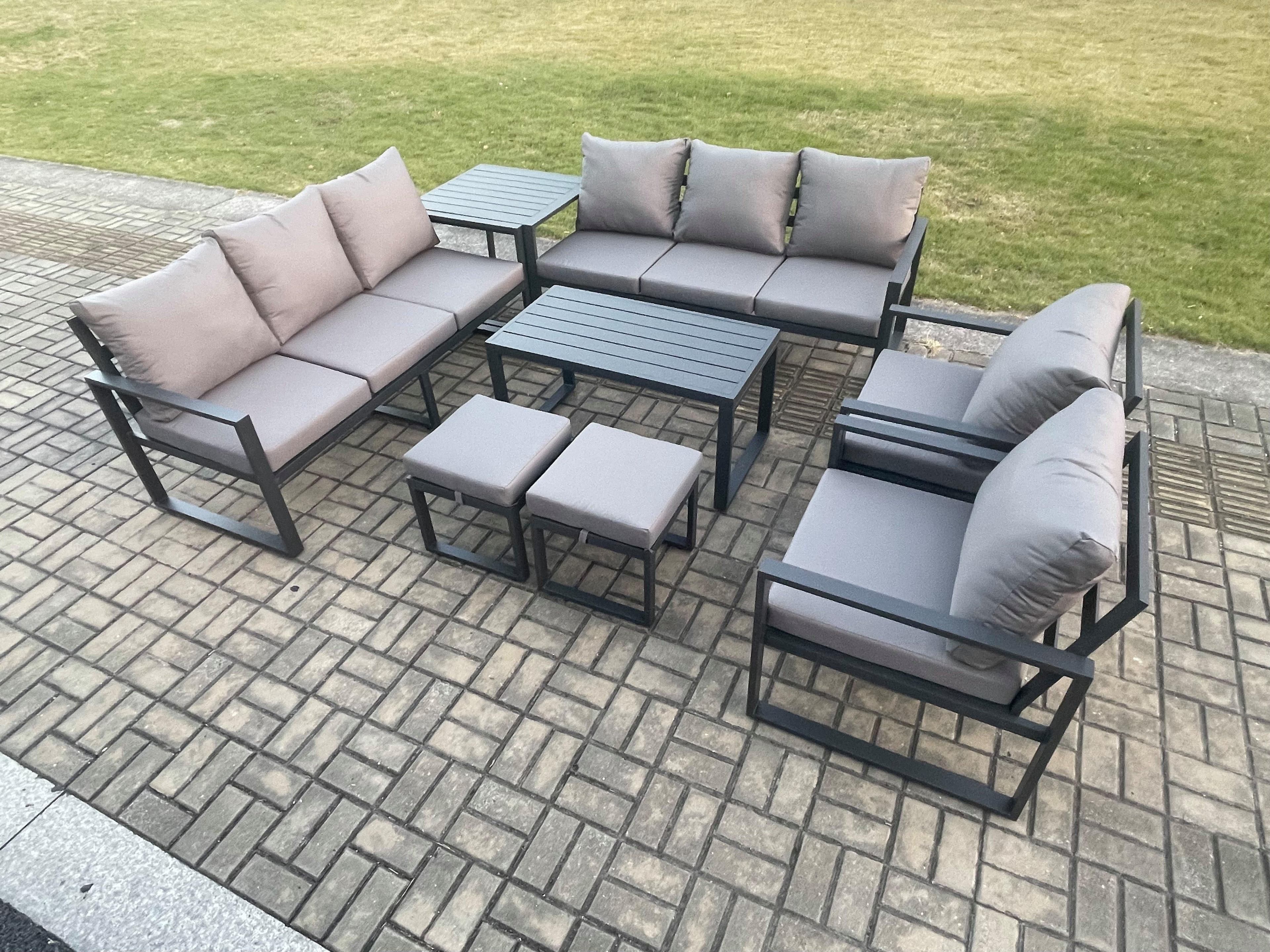 Aluminium Outdoor Garden Furniture Lounge Sofa 2 PC Chairs Oblong Coffee Table Sets Side Table 2 Small Footstool Dark Grey