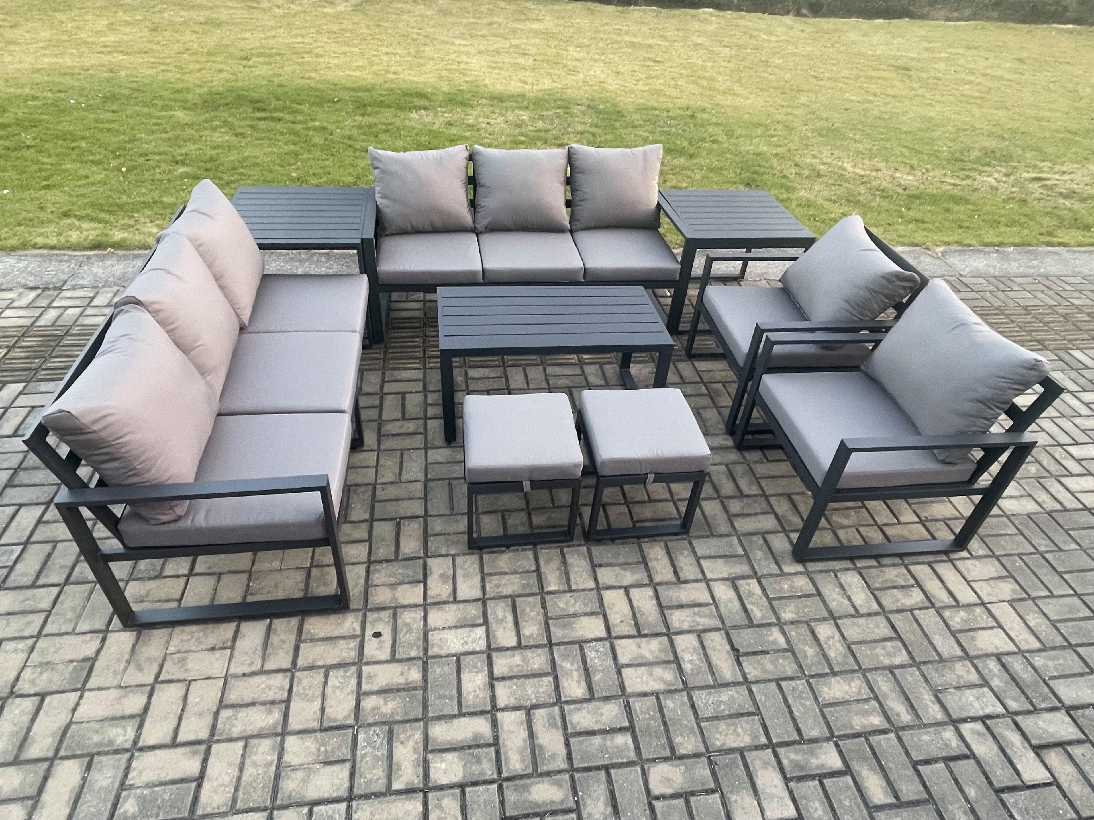 Aluminium Outdoor Garden Furniture Lounge Sofa 2 PC Chairs Oblong Coffee Table Sets 2 Side Tables 2 Small Footstool Dark Grey