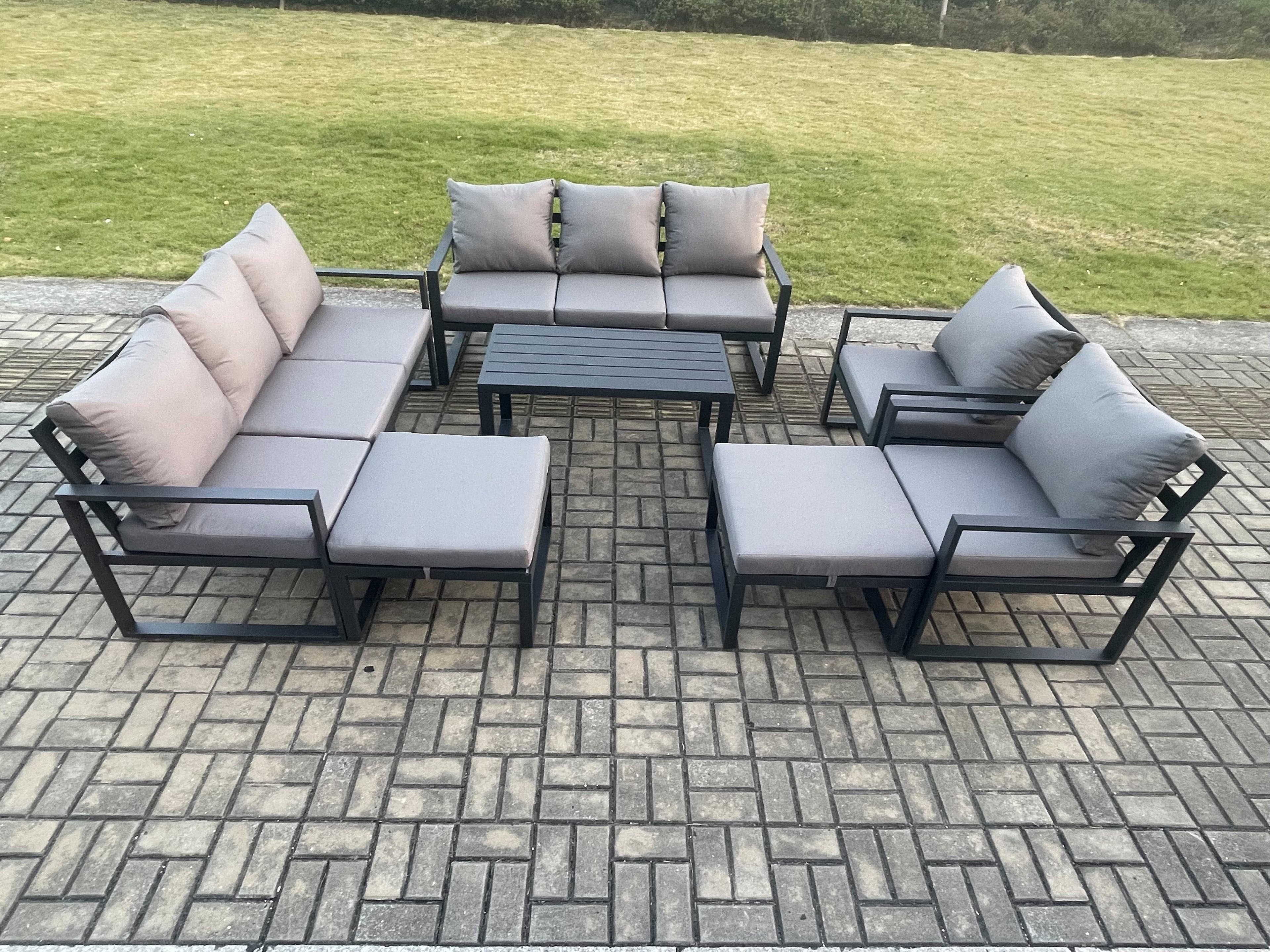 Aluminium Outdoor Garden Furniture Lounge Sofa 2 PC Chairs Oblong Coffee Table Sets 2 Big Footstools Dark Grey