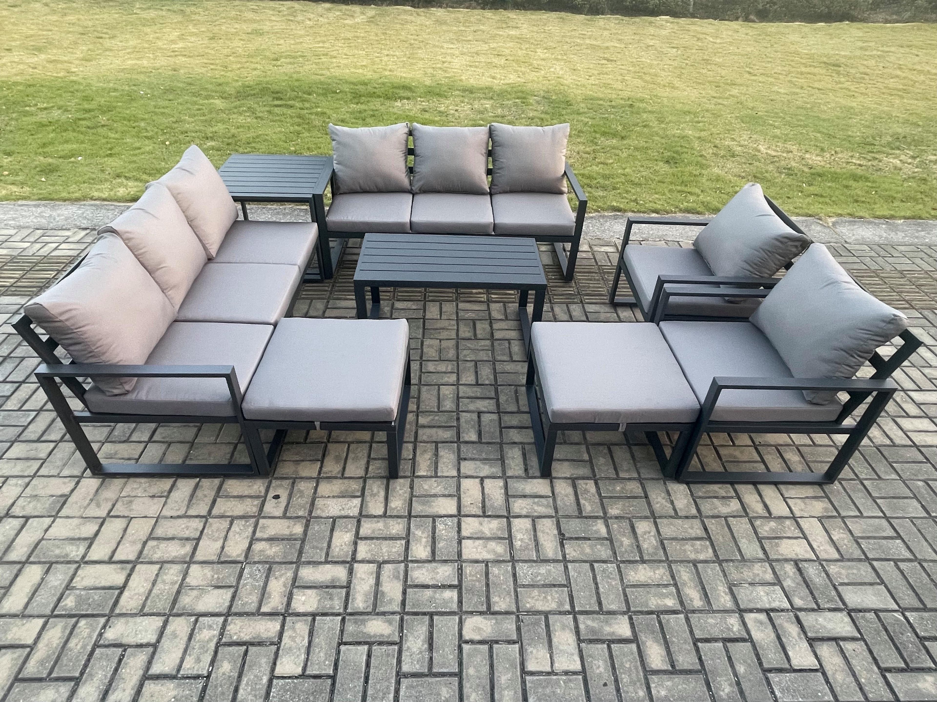 Aluminium Outdoor Garden Furniture Lounge Sofa 2 PC Chairs Oblong Coffee Table Sets Side Table 2 Big Footstool Dark Grey