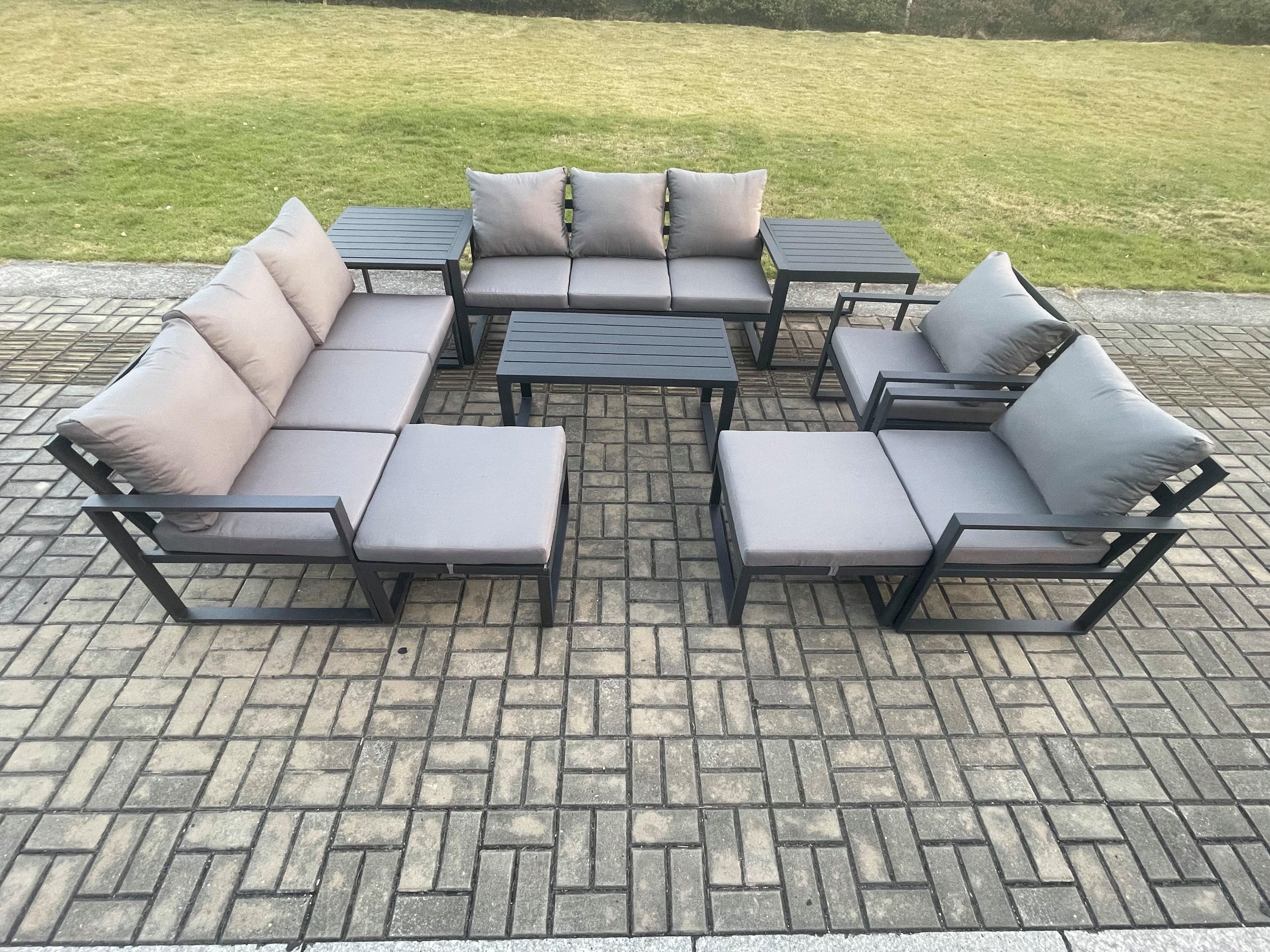 Aluminium Outdoor Garden Furniture Lounge Sofa 2 PC Chairs Oblong Coffee Table Sets 2 Side Tables 2 Big Footstool Dark Grey