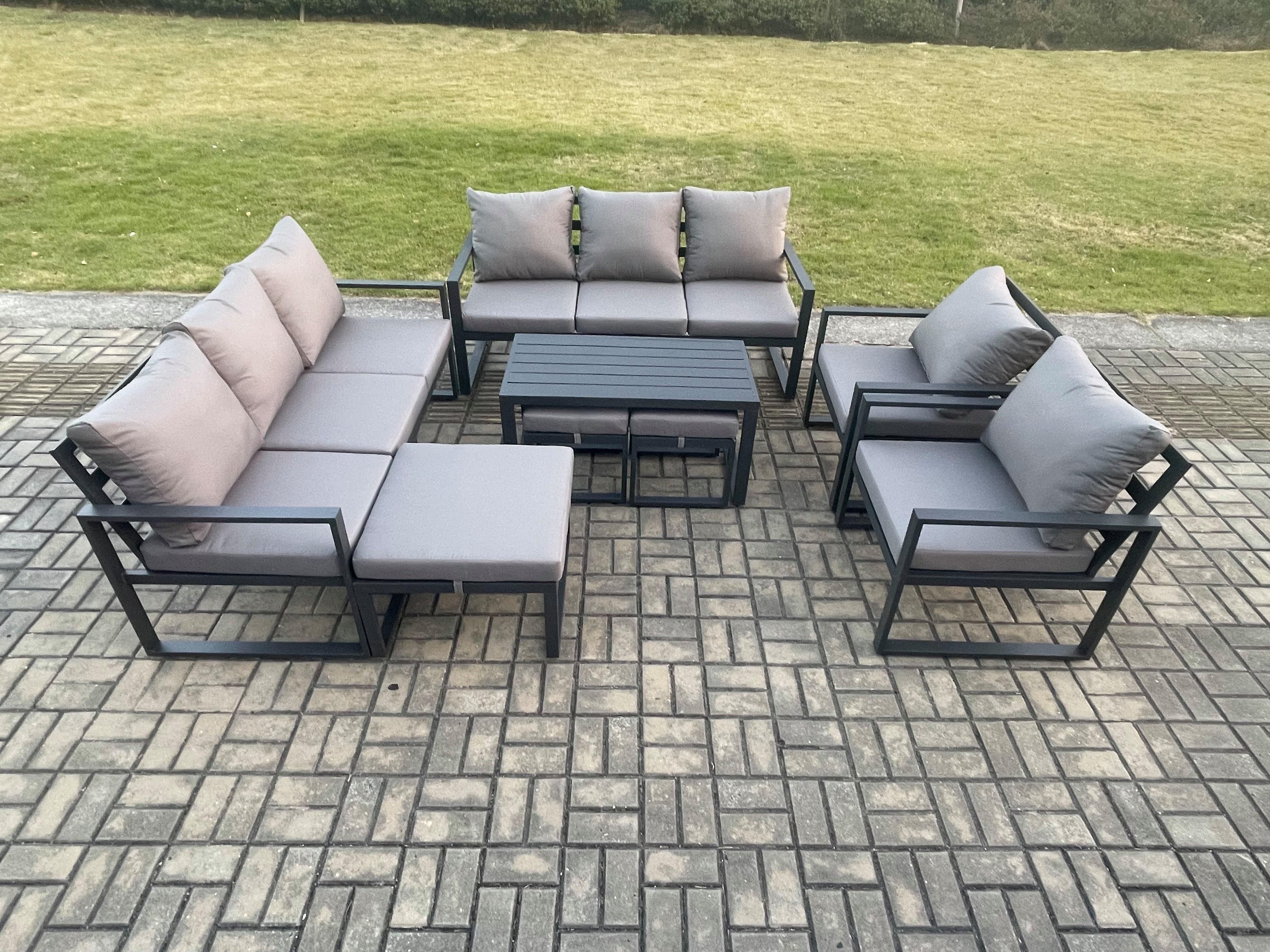 Aluminium Outdoor Garden Furniture Lounge Sofa 2 PC Chairs Oblong Coffee Table Sets 3 Footstools Dark Grey