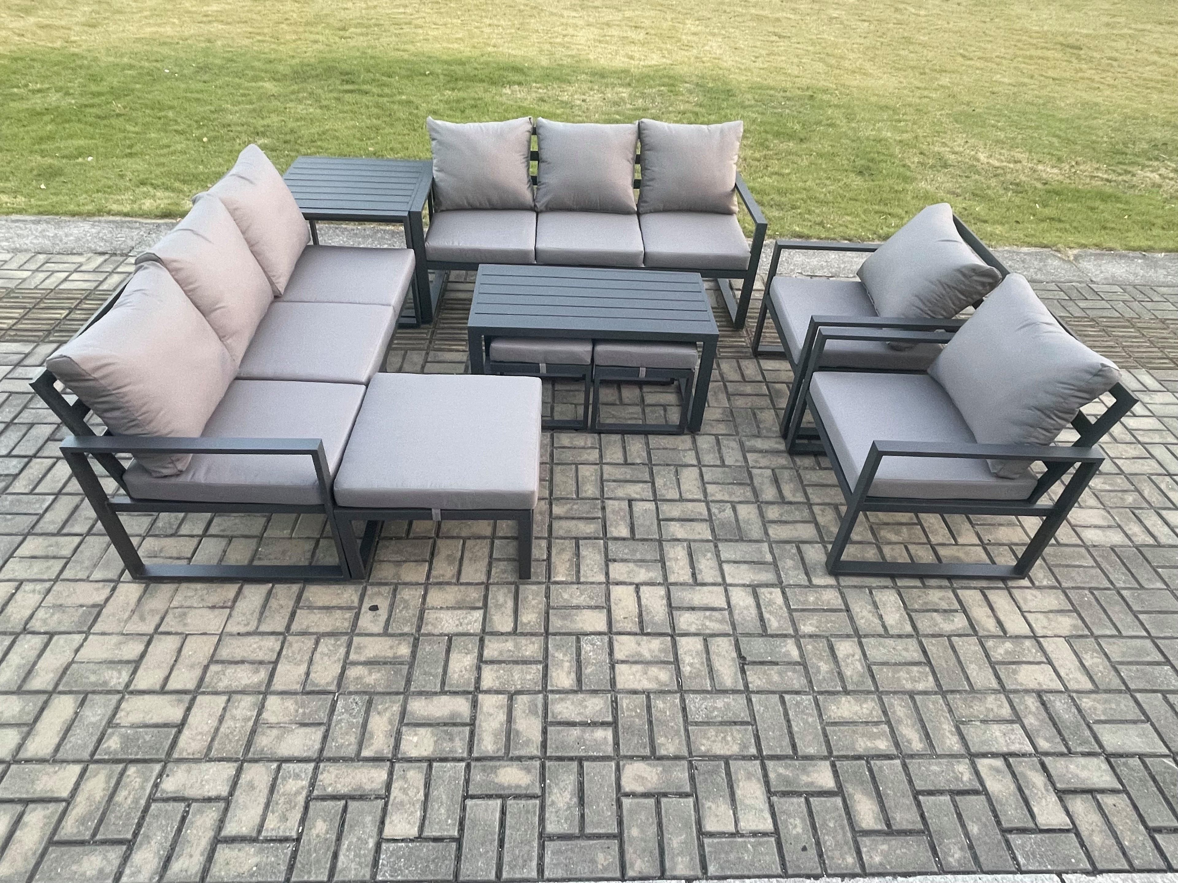 Aluminium Outdoor Garden Furniture Lounge Sofa 2 PC Chairs Oblong Coffee Table Sets Side Table 3 Footstools Dark Grey