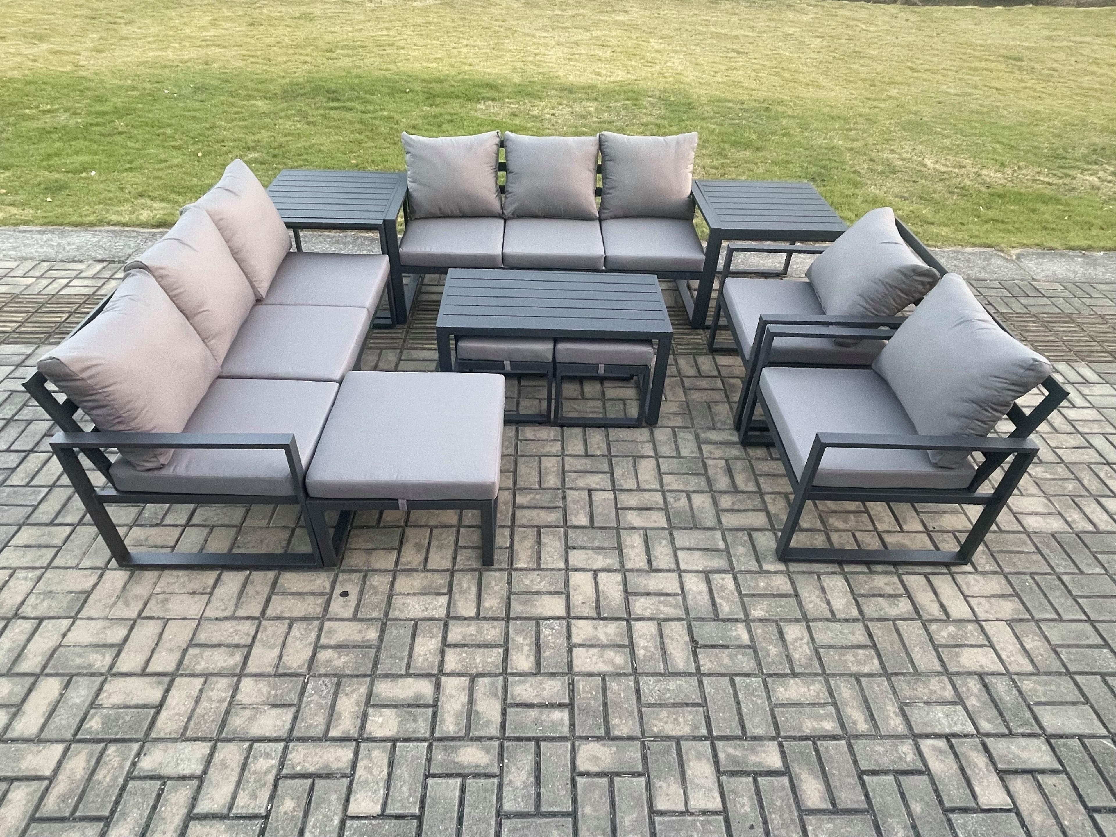Aluminium Outdoor Garden Furniture Lounge Sofa 2 PC Chairs Oblong Coffee Table Sets 2 Side Tables 3 Footstools Dark Grey