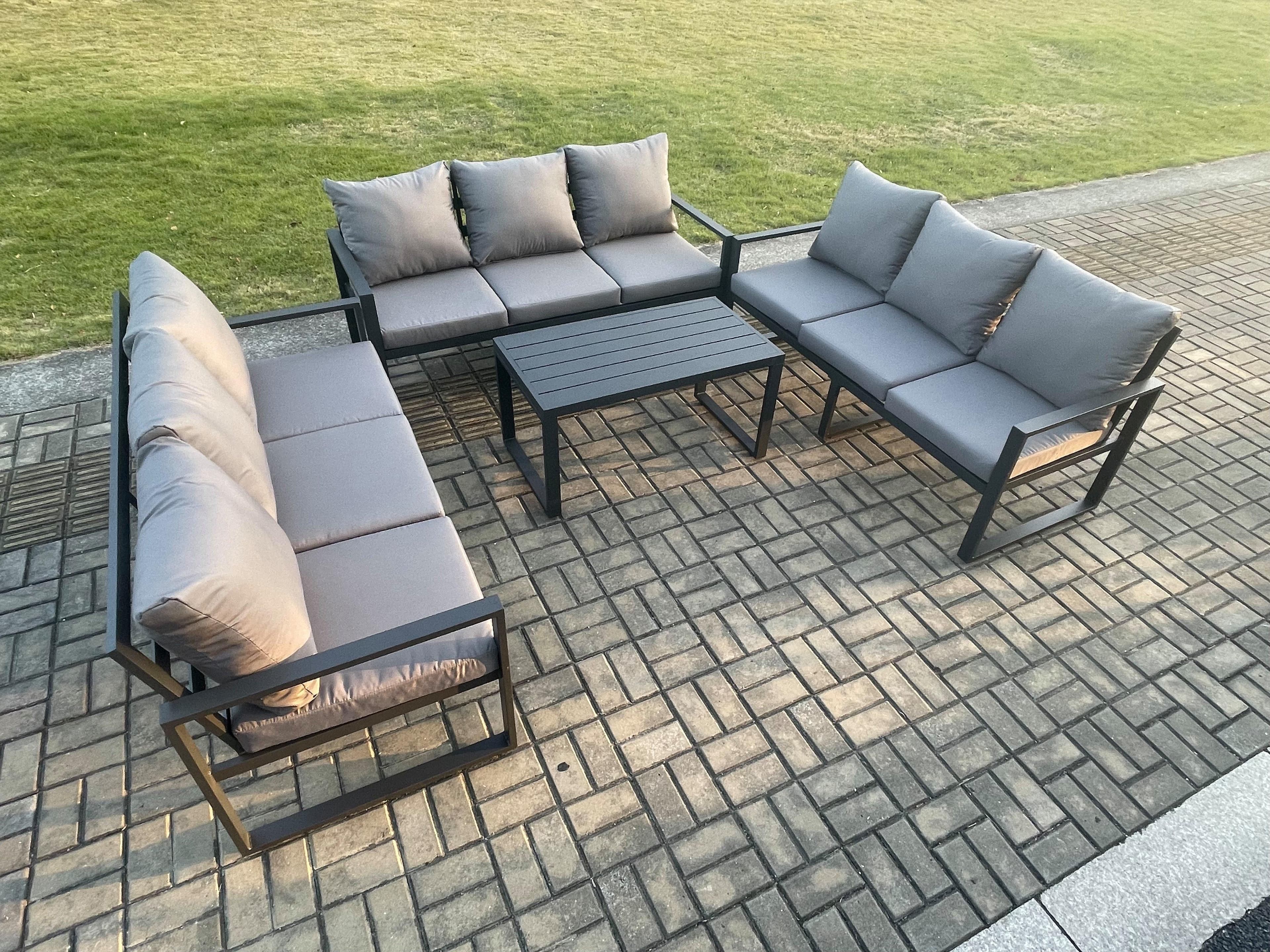Aluminium 9 Seater Outdoor Garden Furniture Set Lounge Sofa Oblong Coffee Table Sets Cushions Dark Grey