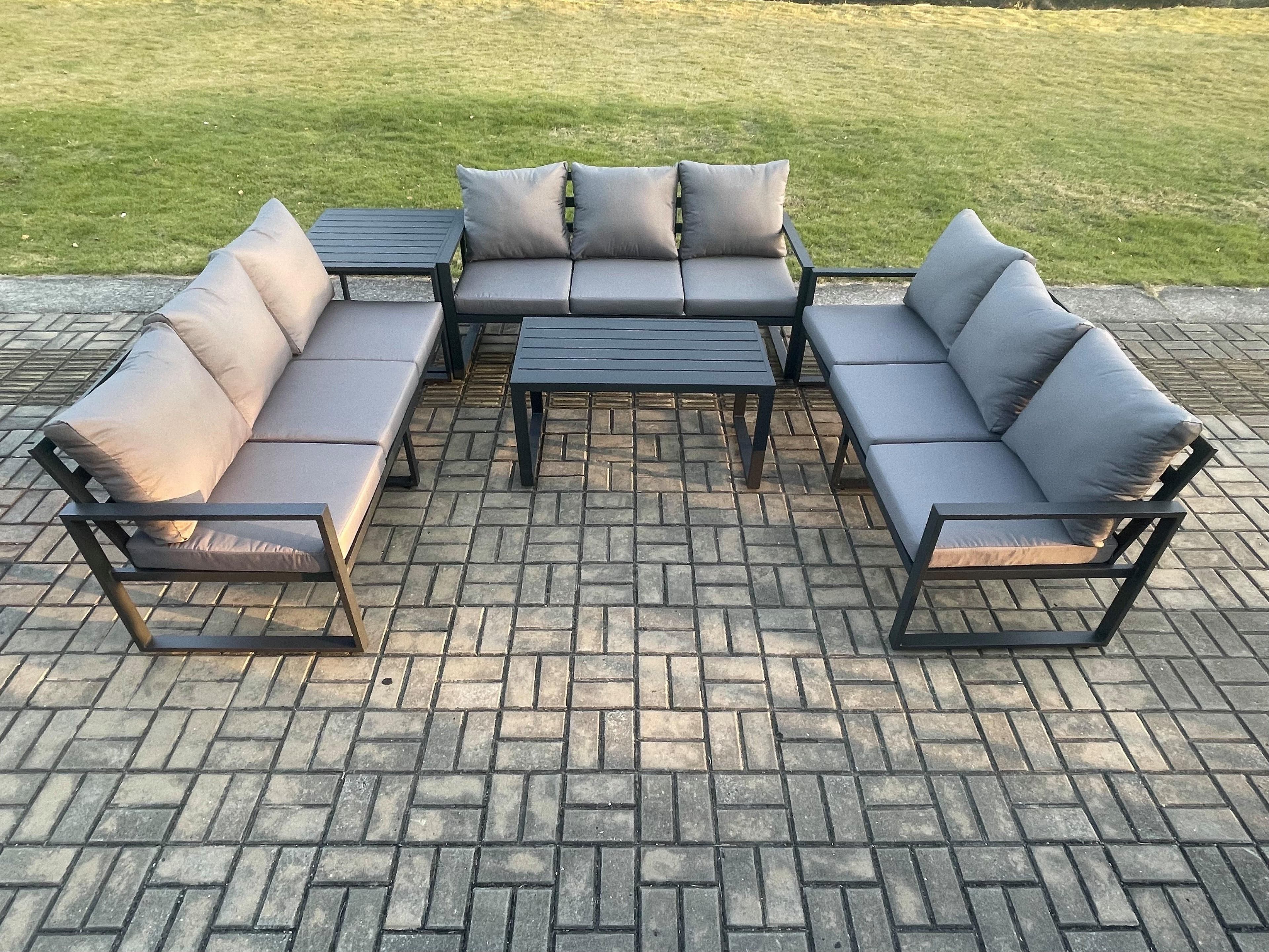 Aluminium 9 Seater Outdoor Garden Furniture Set Lounge Sofa Oblong Coffee Table Side Table Sets Cushions Dark Grey