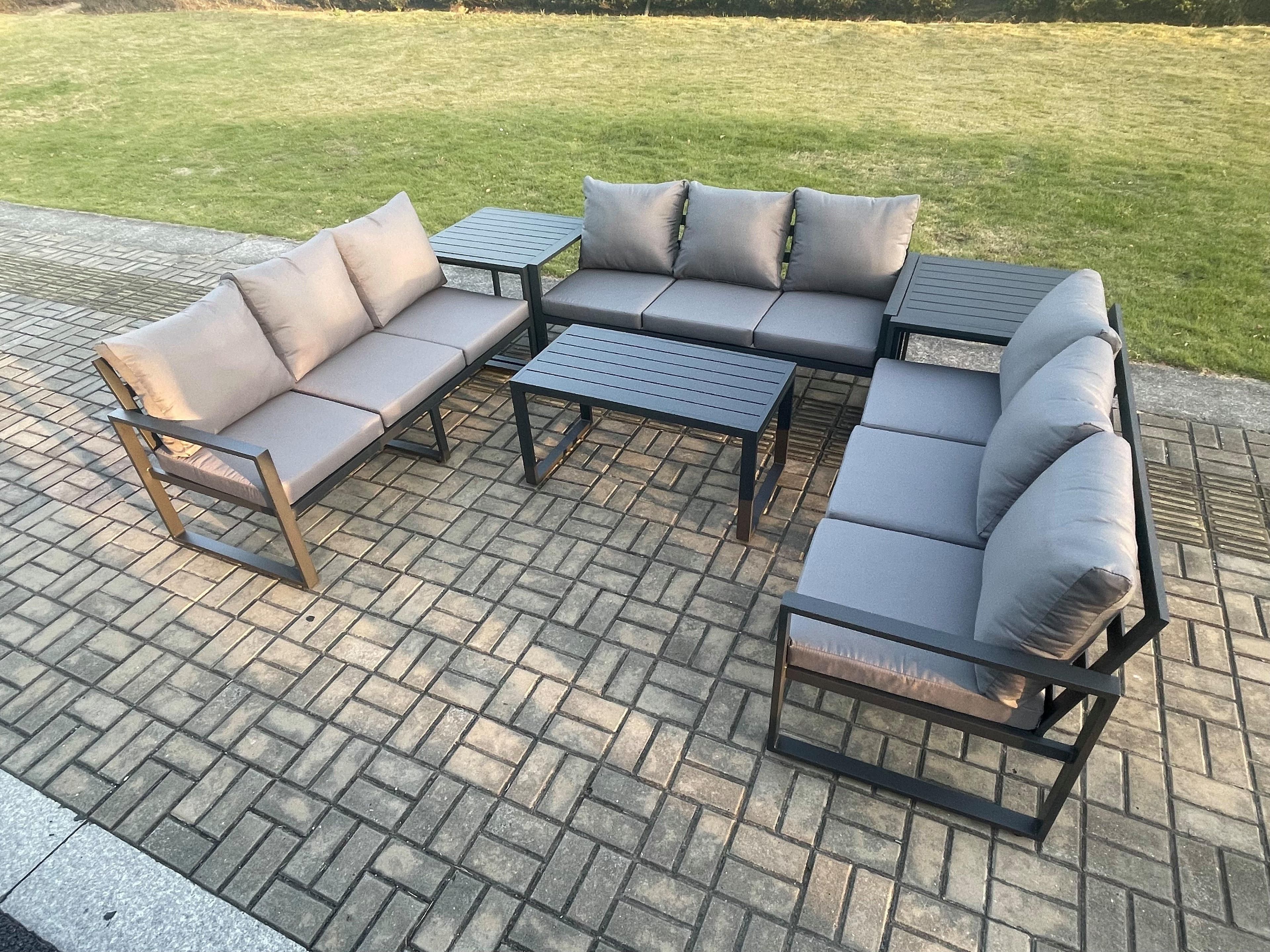 Aluminium 9 Seater Outdoor Garden Furniture Set Lounge Sofa Oblong Coffee Table Set Cushions Dark Grey
