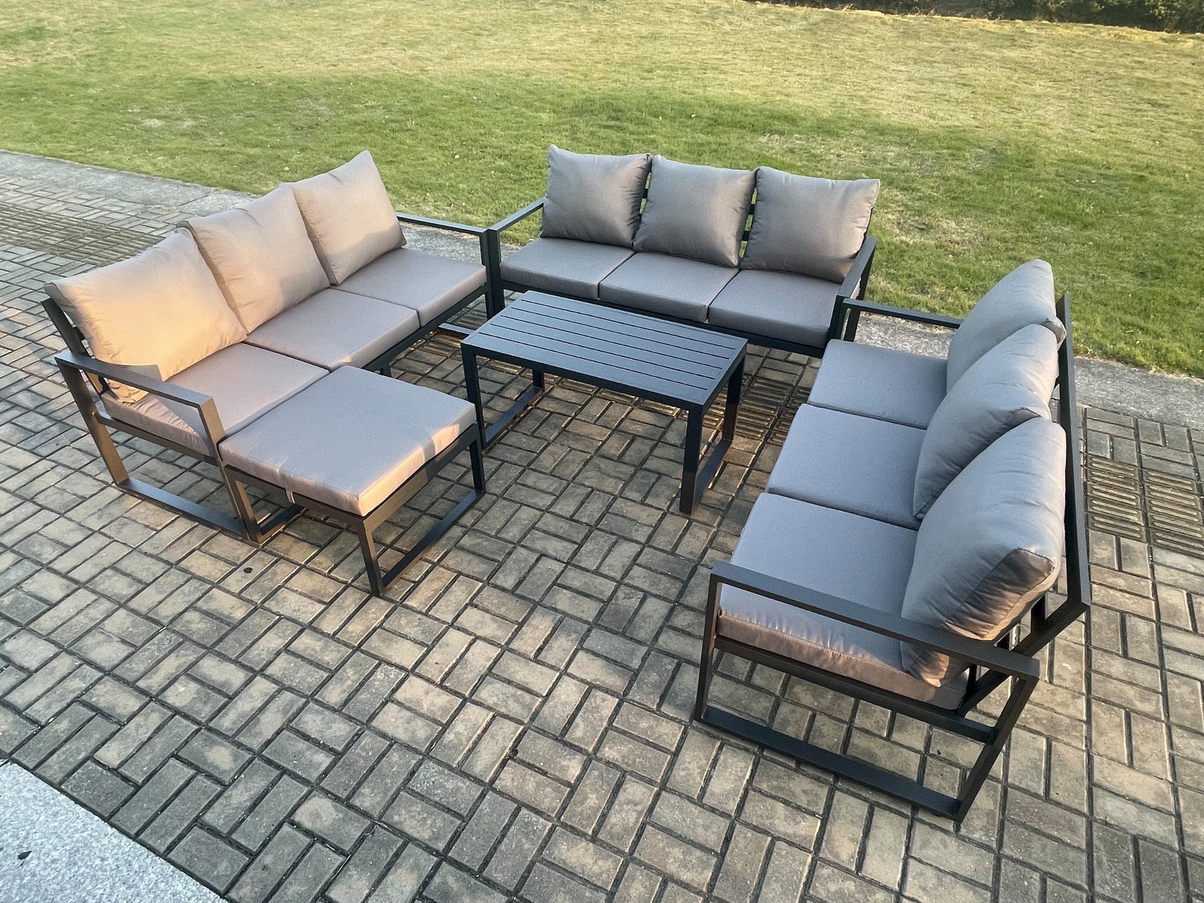 Aluminium 10 Seater Outdoor Garden Furniture Set Lounge Sofa Oblong Coffee Table Big Footstool Sets Cushions
