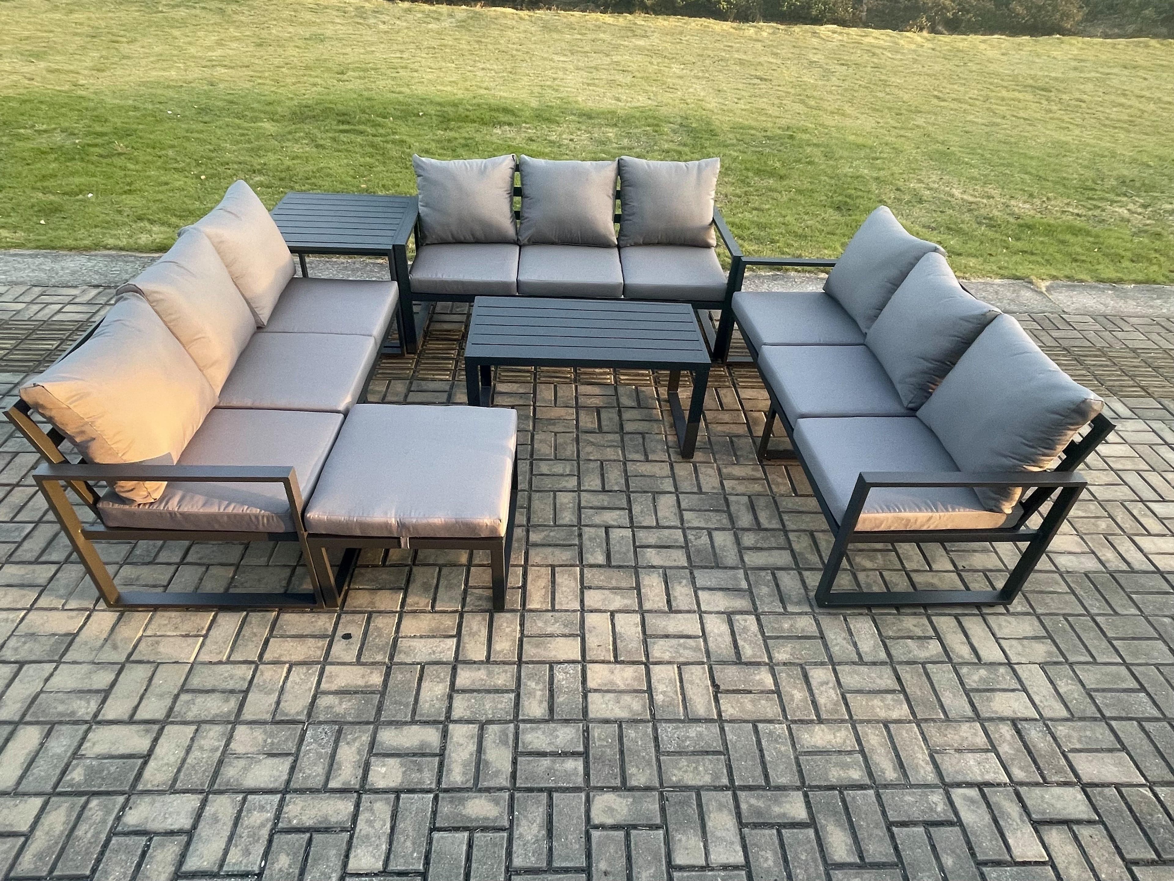 Aluminium 10 Seater Outdoor Garden Furniture Set Lounge Sofa Oblong Coffee Table Big Footstool Side Table Sets