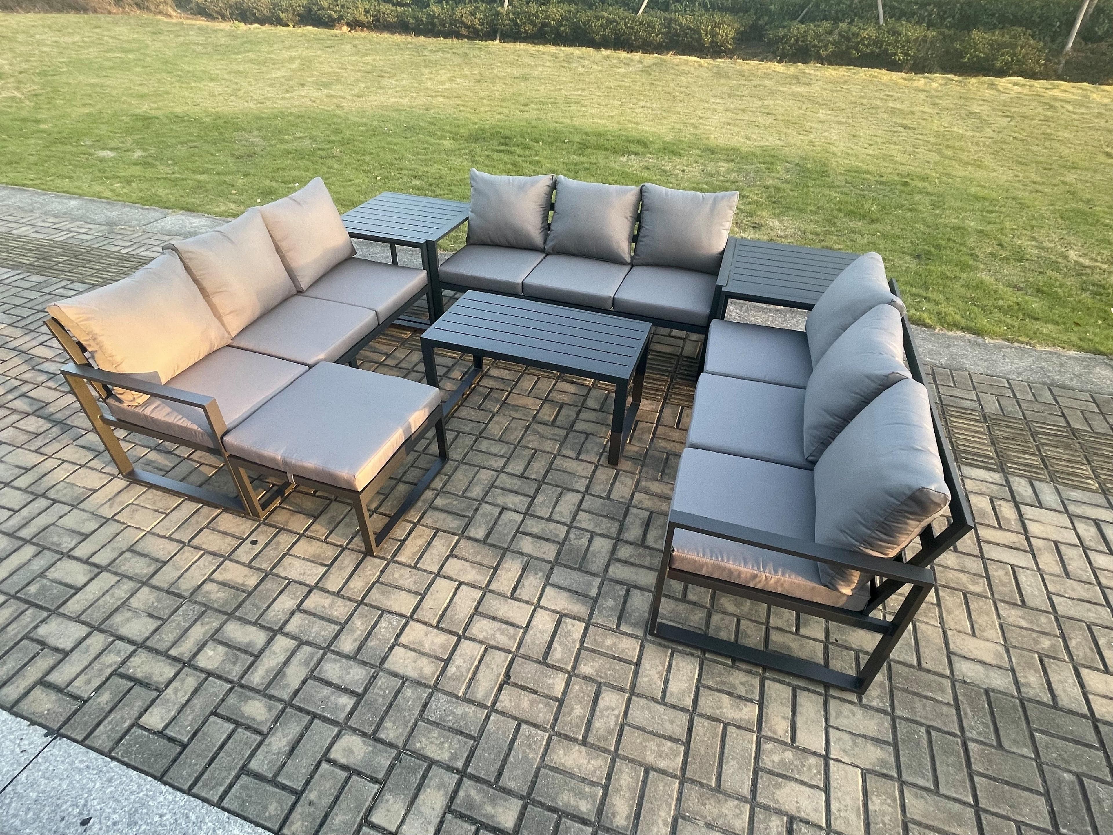 Aluminium 10 Seater Outdoor Garden Furniture Set Lounge Sofa Oblong Coffee Table Big Footstool Side Table Sets Cushions Dark Grey