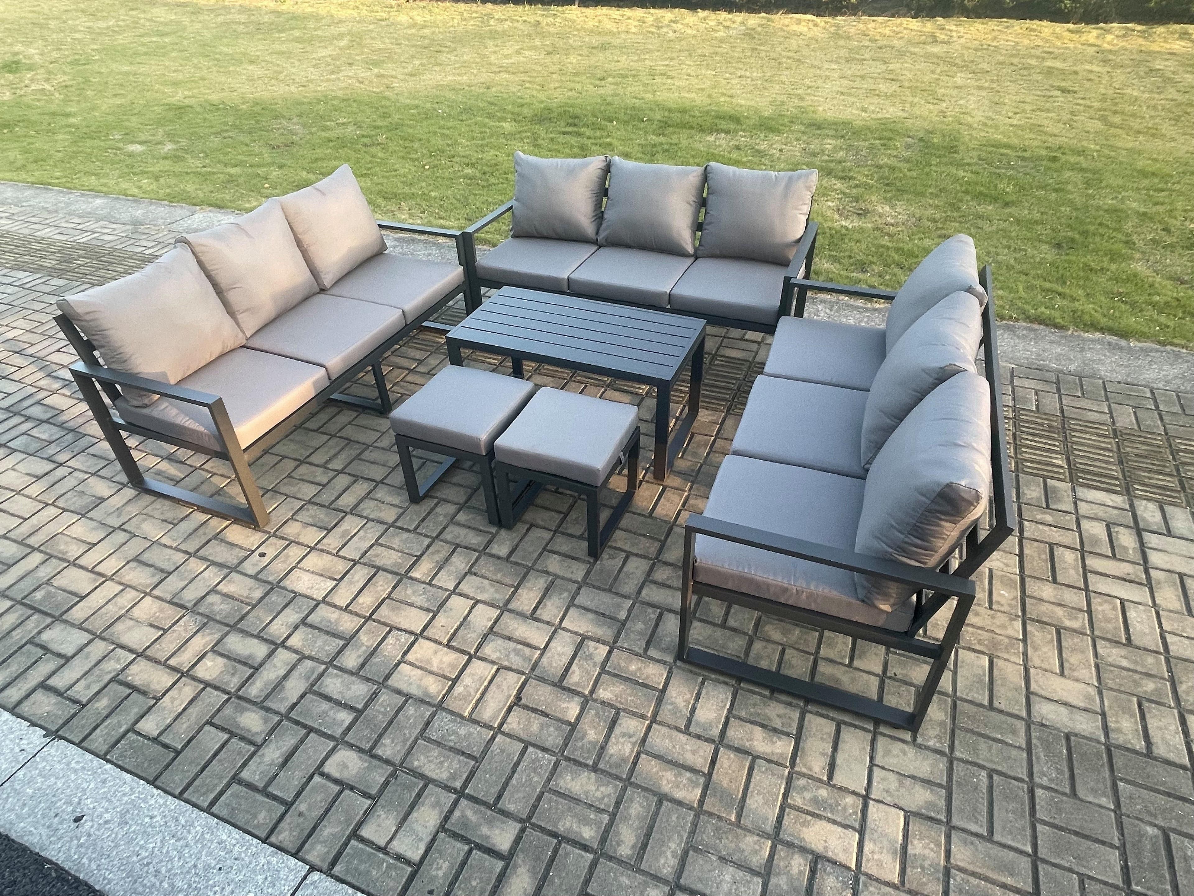 Aluminium 11 Seater Outdoor Garden Furniture Set Lounge Sofa Oblong Coffee Table 2 Small Footstools Sets Cushions Dark Grey