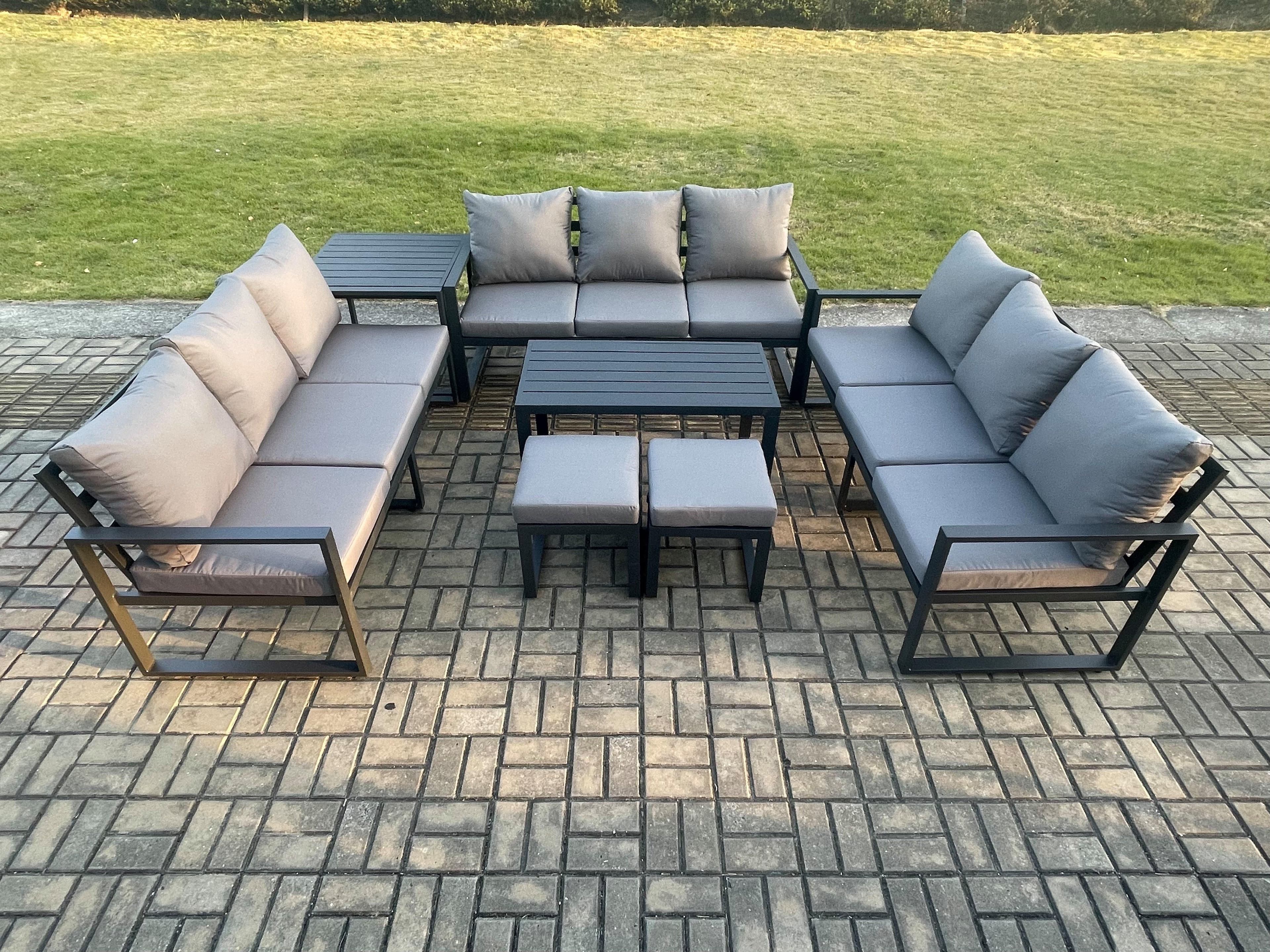 Aluminium 11 Seater Outdoor Garden Furniture Set Lounge Sofa Oblong Coffee Table 2 Small Footstools Side Table Sets Cushions Dark Grey