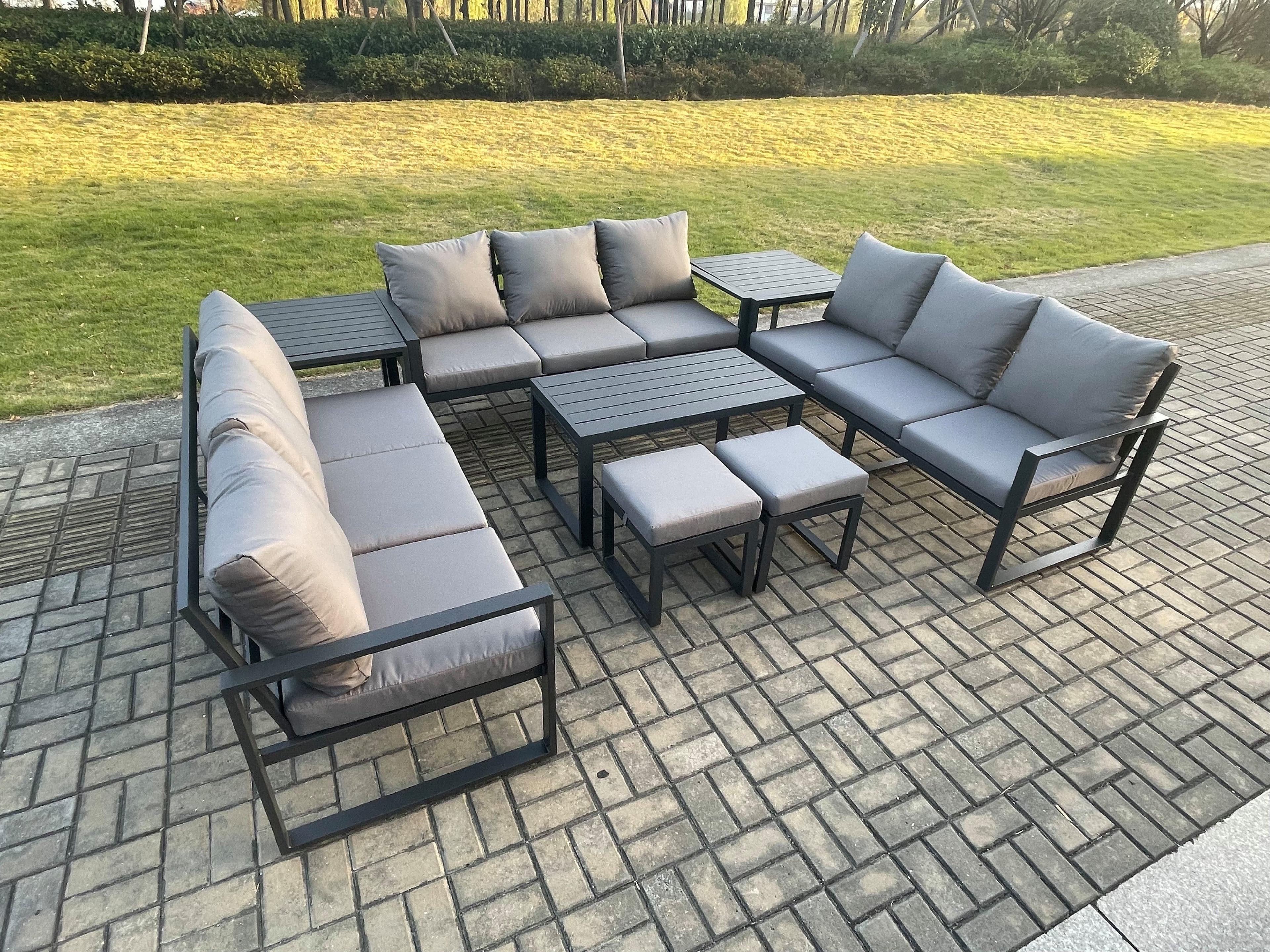 Aluminium 11 Seater Outdoor Garden Furniture Set Lounge Sofa Oblong Coffee Table 2 PC Small Footstools Sets Cushions Dark Grey