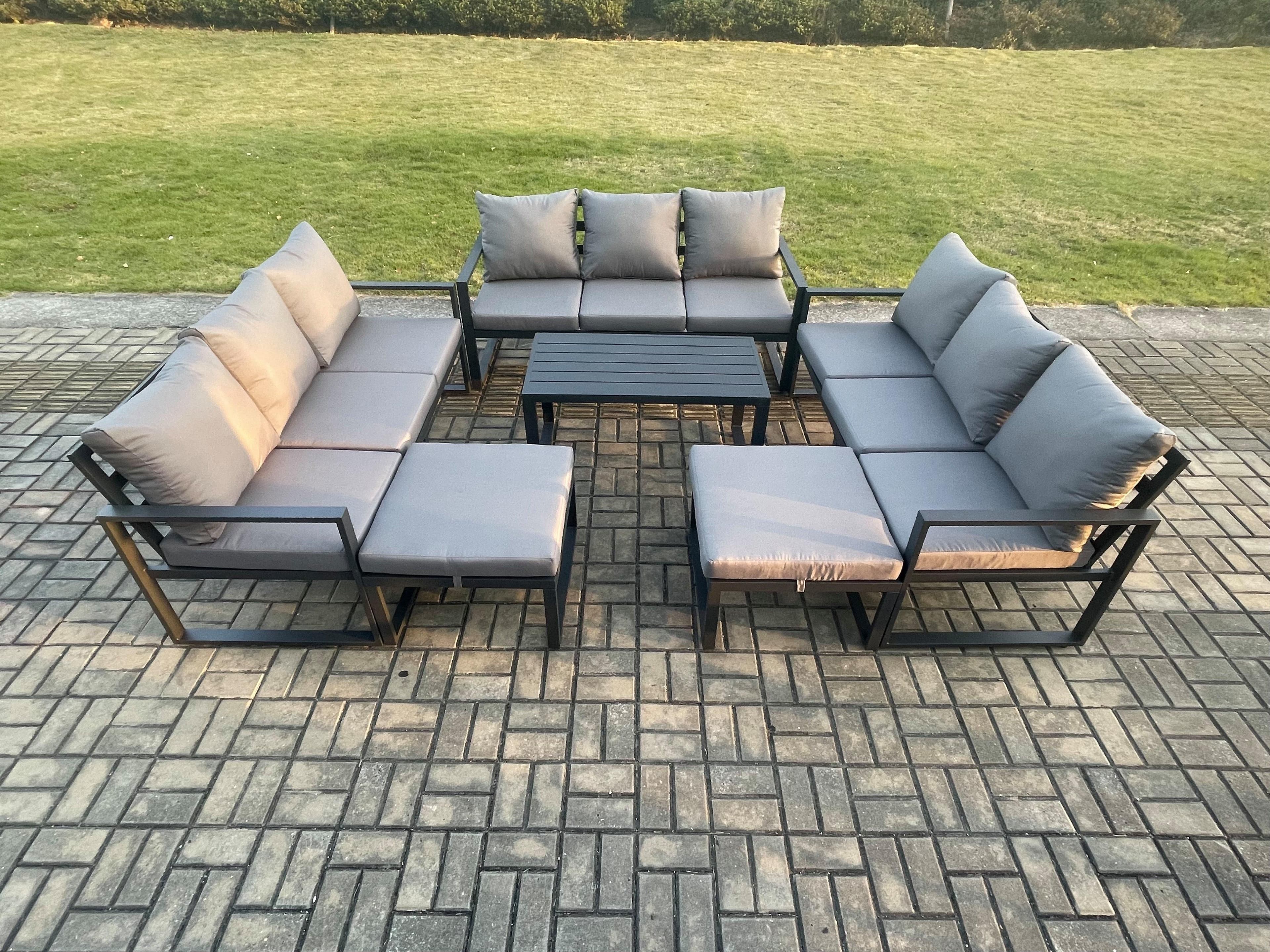 Aluminium Outdoor Garden Furniture Set Lounge Sofa Oblong Coffee Table 2 PC Big Footstool Sets Cushions Dark Grey 11 Seater