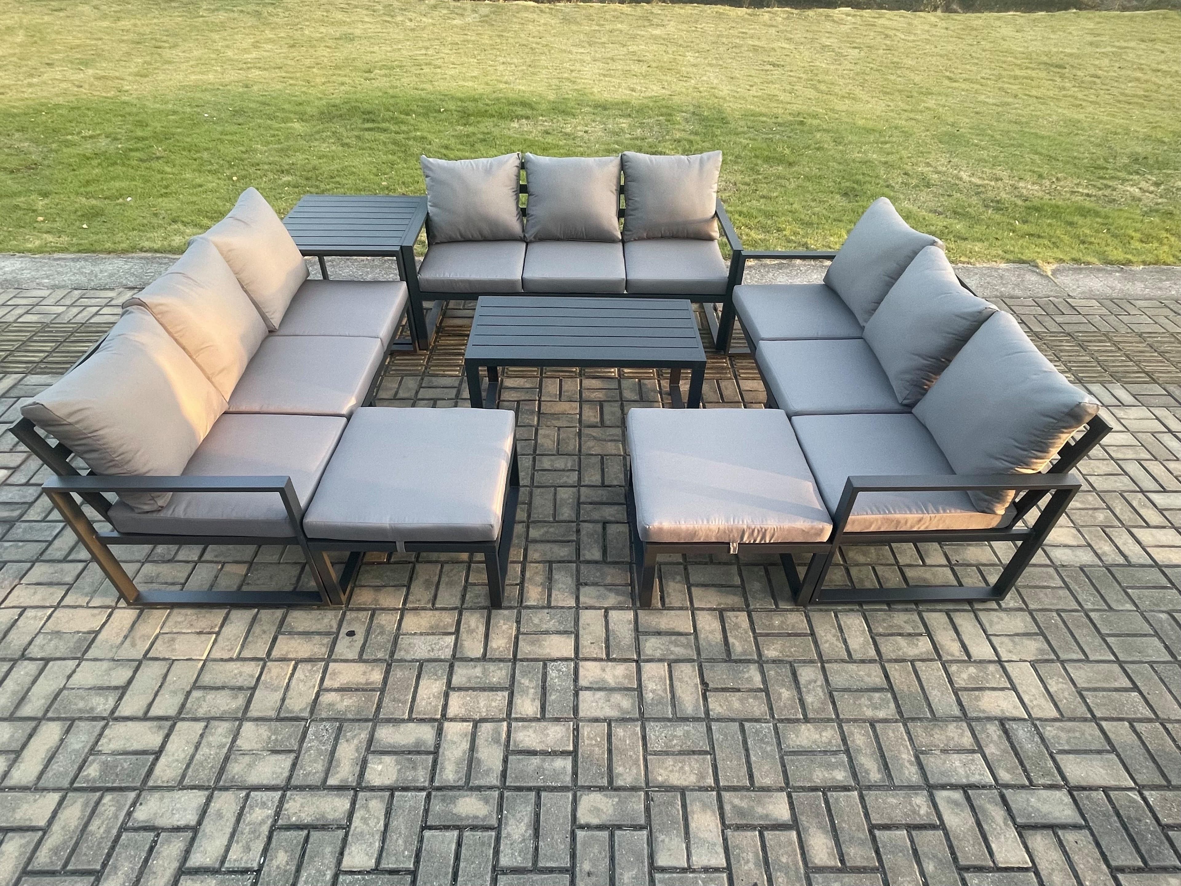Aluminium Outdoor Garden Furniture Set Lounge Sofa Oblong Coffee Table 2 PC Big Footstool Side Table Sets Cushions Dark Grey