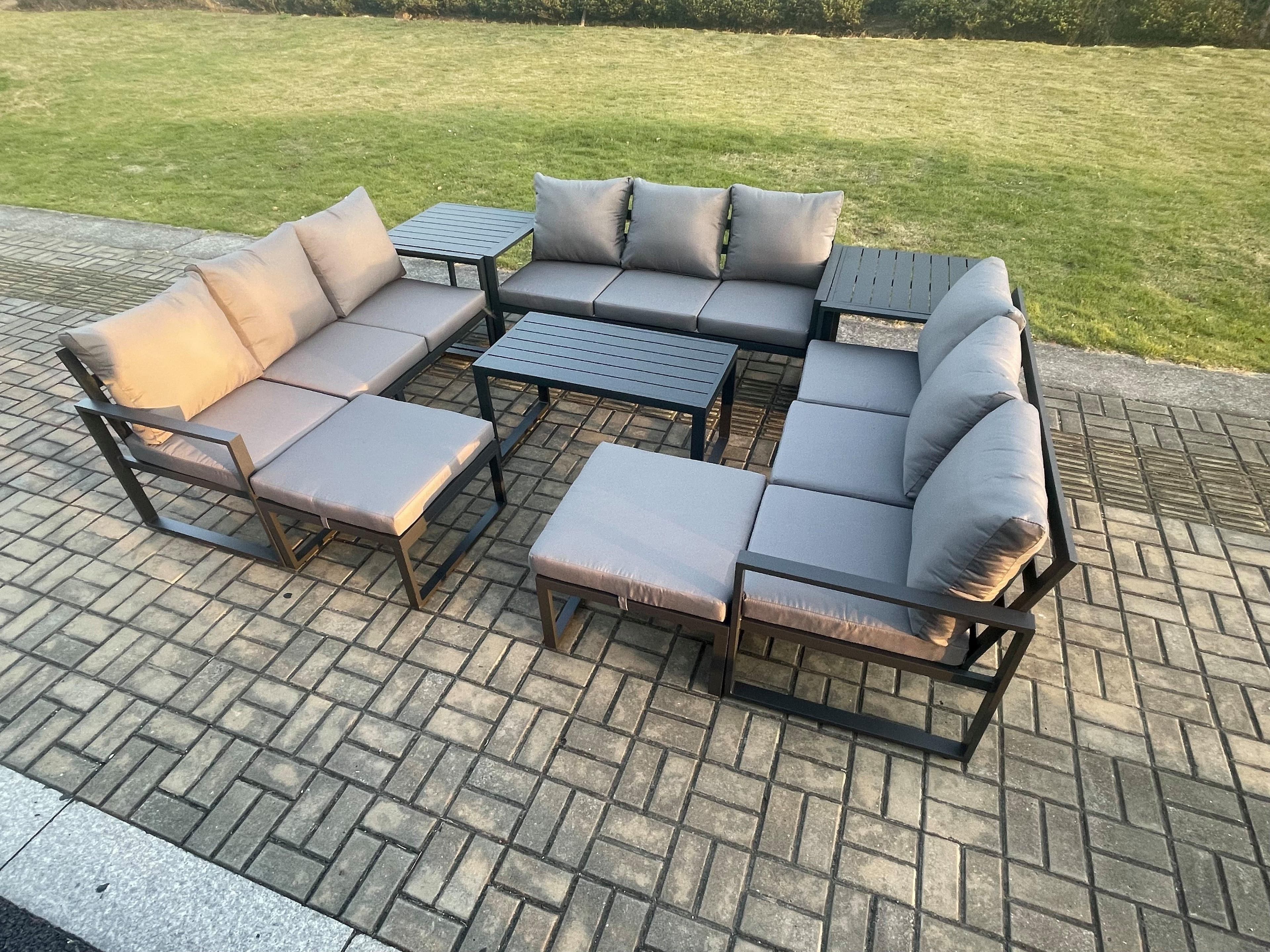 Aluminium Outdoor Garden Furniture Set Lounge Sofa Oblong Coffee Table 2 PC Big Footstool 2 Side Tables Sets Cushions Dark Grey