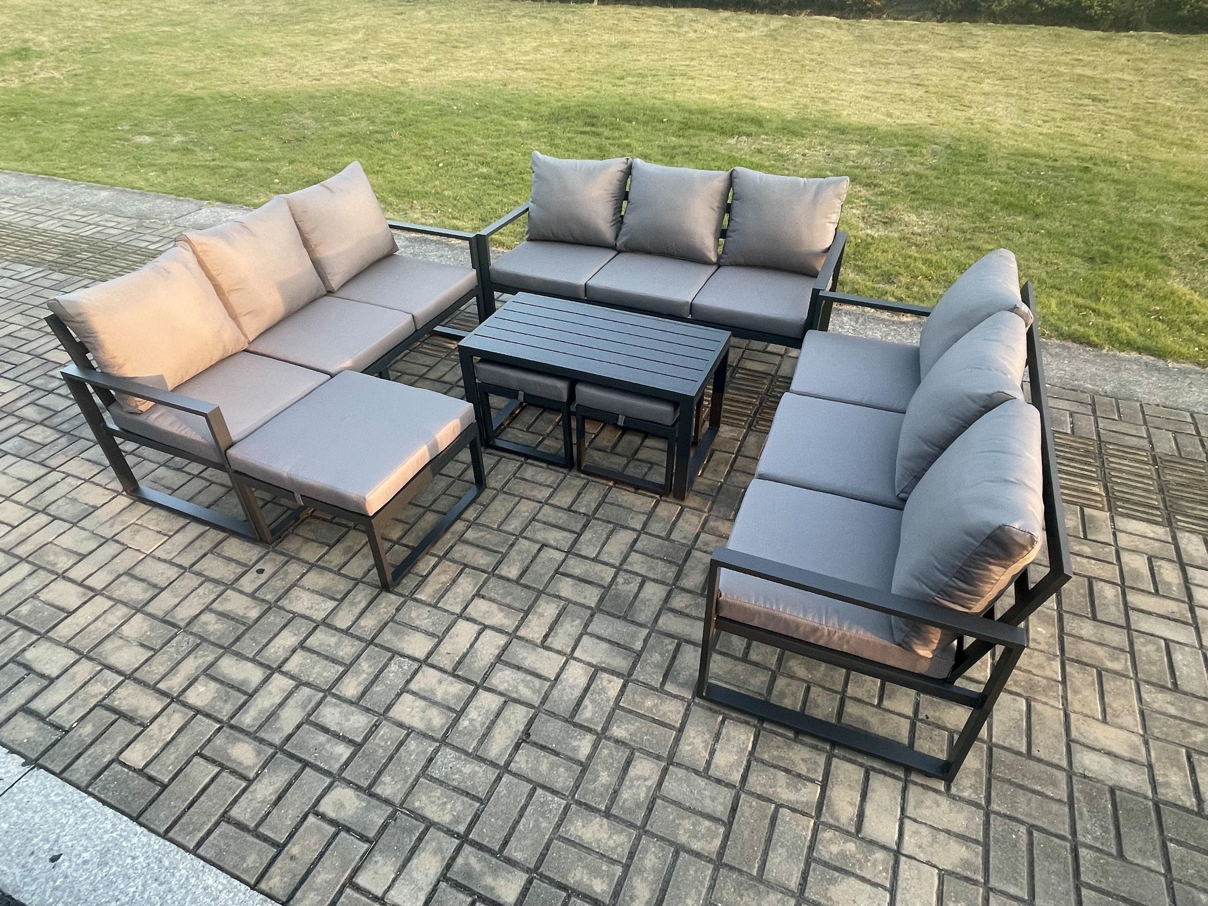 Aluminium Outdoor Garden Furniture Set Lounge Sofa Oblong Coffee Table 3 Footstools Sets Cushions Dark Grey 12 Seater