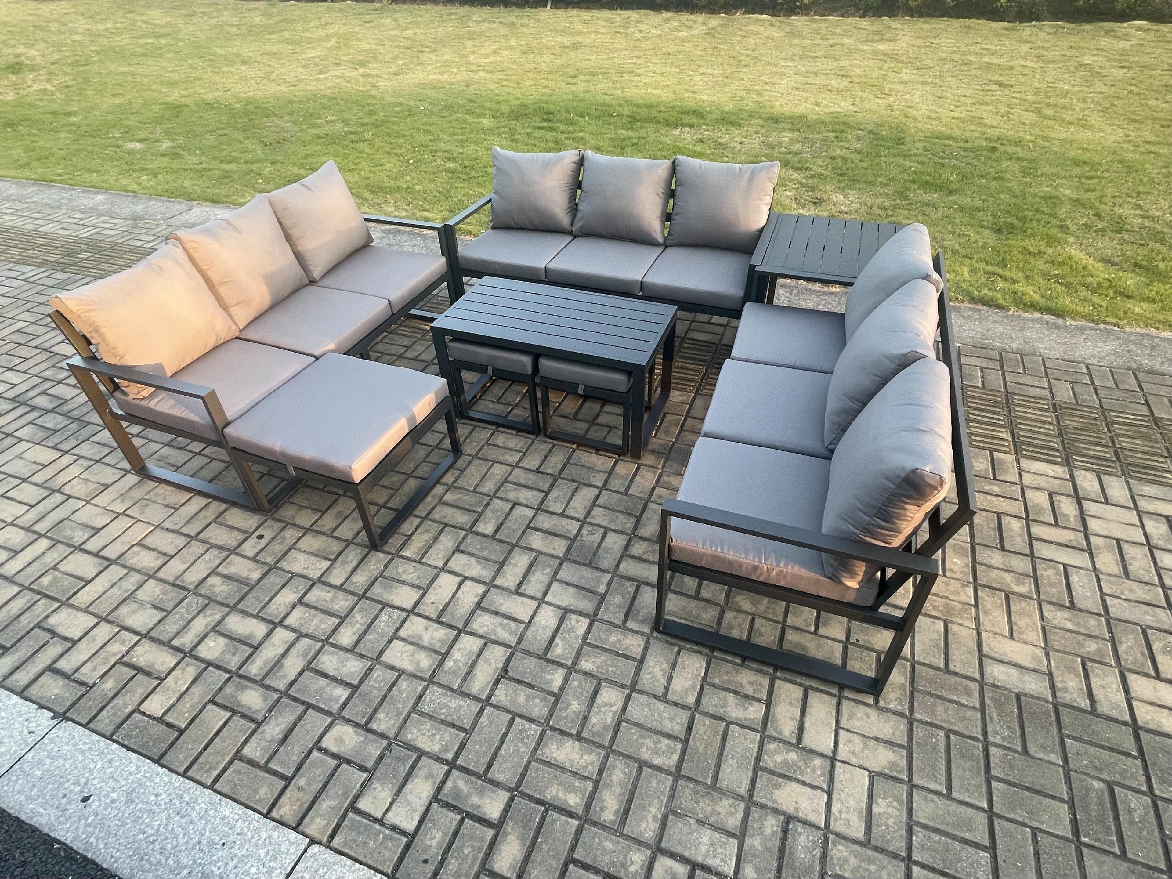Aluminium Outdoor Garden Furniture Set Lounge Sofa Oblong Coffee Table 3 Footstools Side Table Sets Cushions Dark Grey 12 Seater