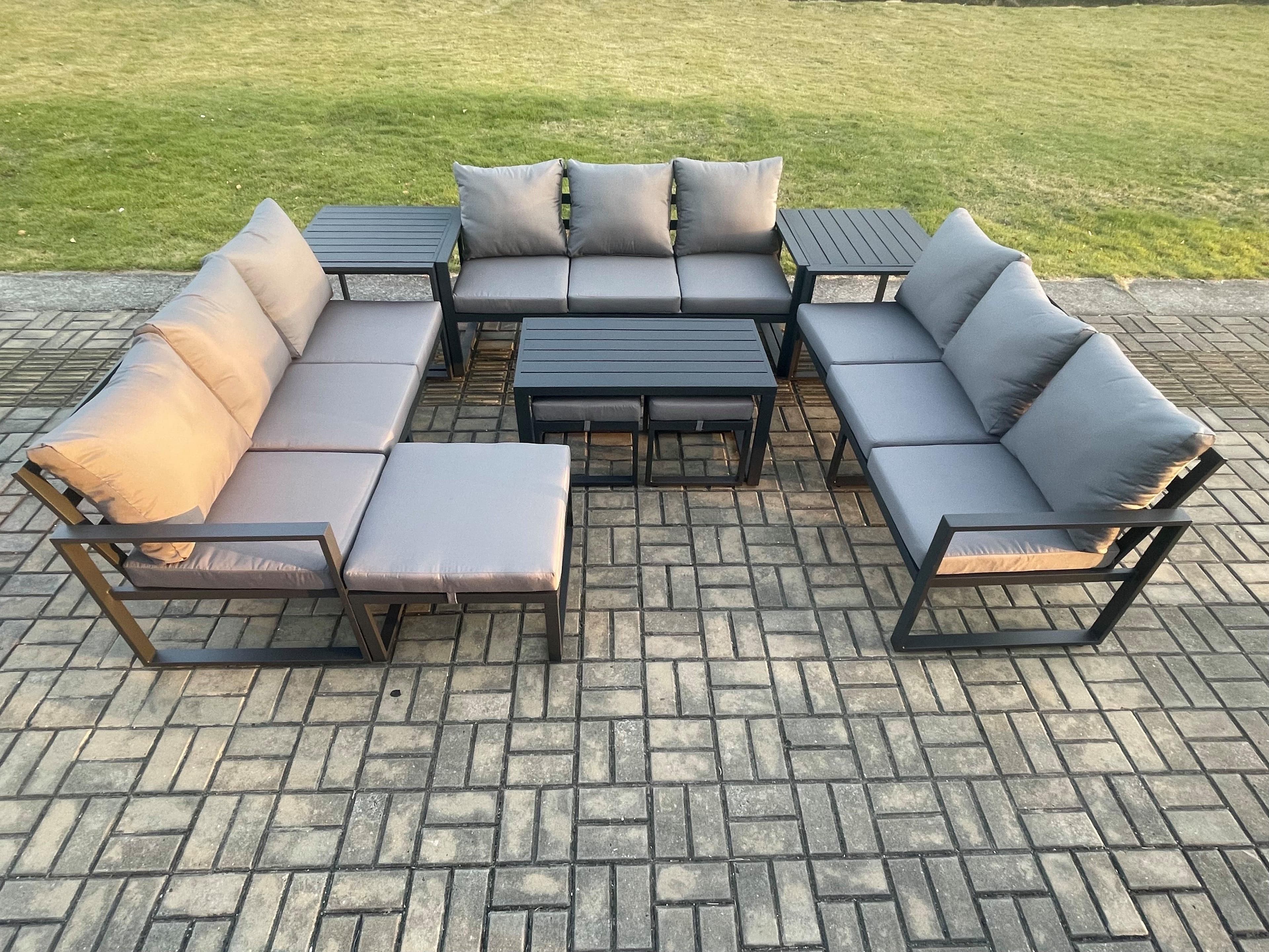 Aluminium Outdoor Garden Furniture Set Lounge Sofa Oblong Coffee Table 3 Footstools 2 Side Tables Sets Cushions Dark Grey