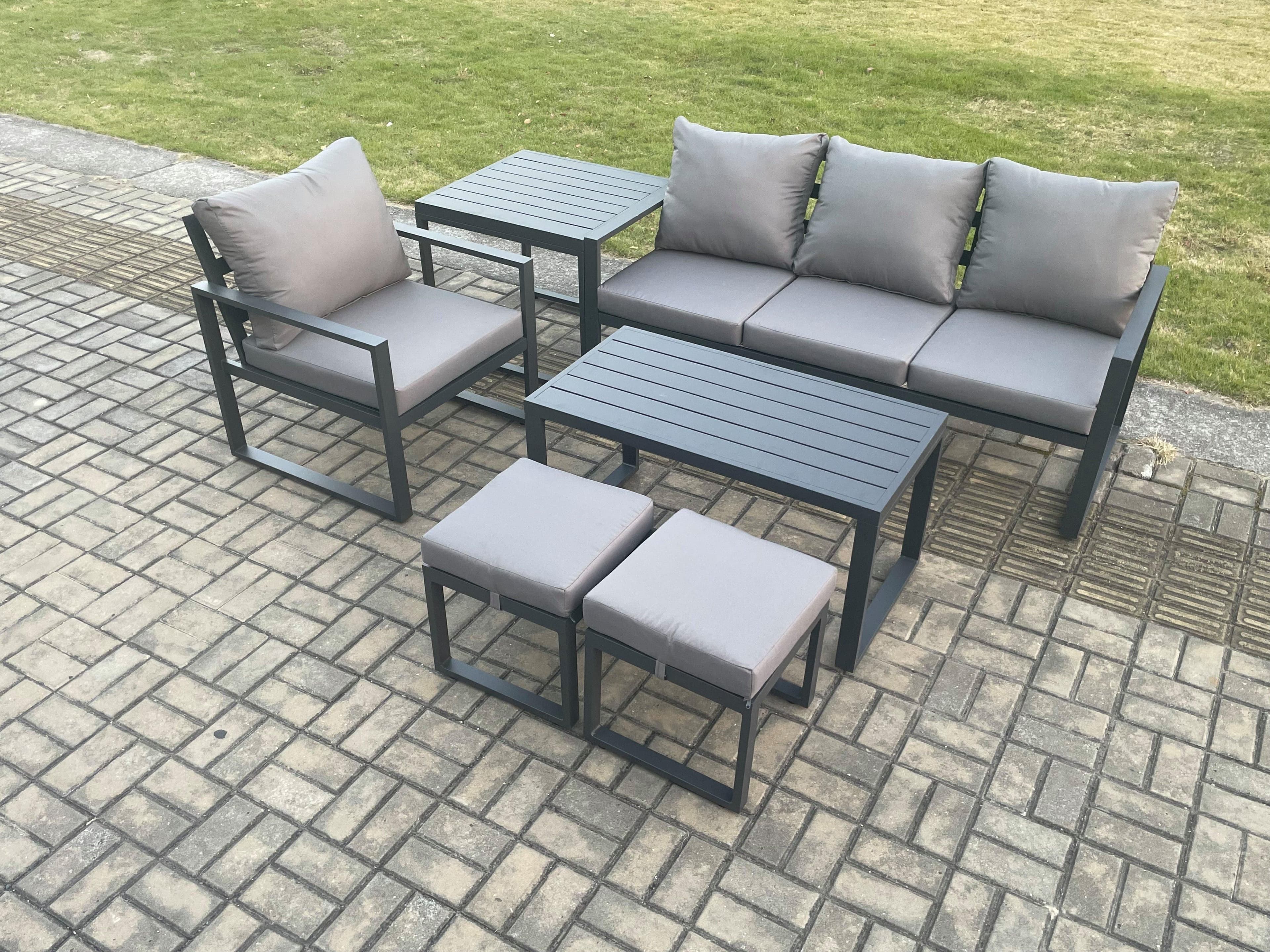 Aluminium 6 Pieces Garden Furniture Sofa Set Cushions 6 Seater Outdoor Patio Set Armchair 2 Small Footstools Side Table