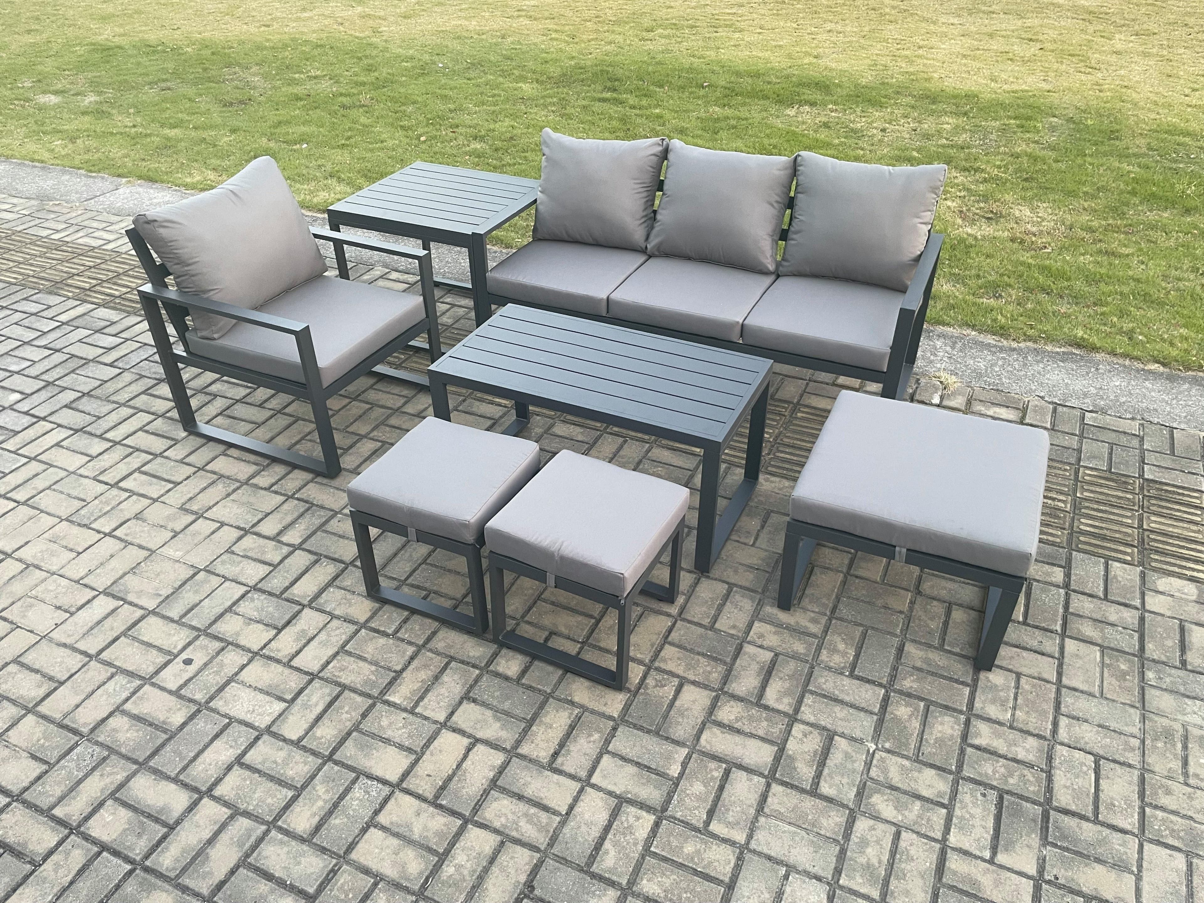 Aluminium 7 Pieces Garden Furniture Sofa Set Cushions 7 Seater Outdoor Patio Set Armchair 3 Footstools Side Table Dark Grey