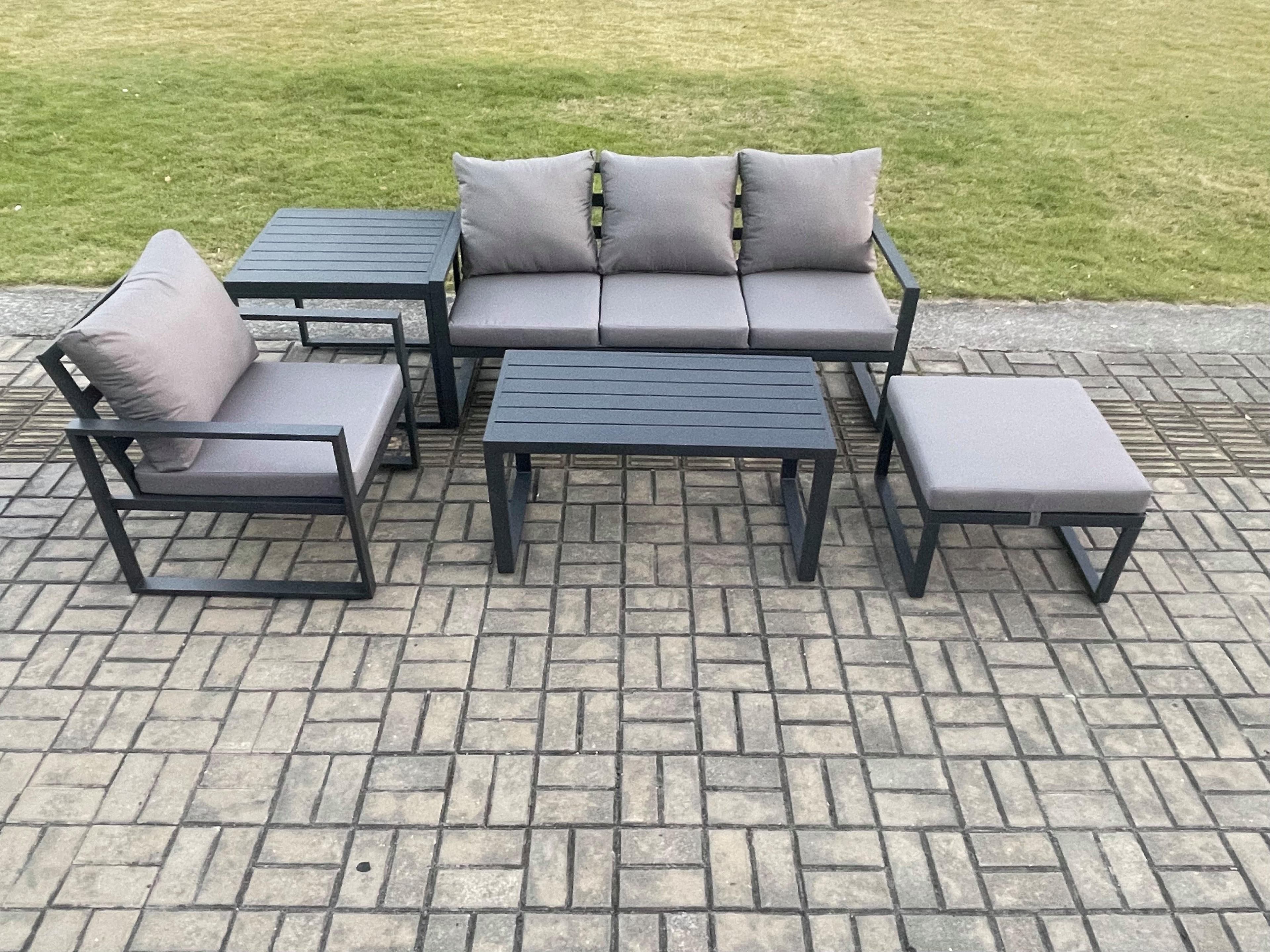 Aluminium 5 Pieces Garden Furniture Sofa Set Cushions 5 Seater Outdoor Patio Set Armchair Big Footstool Side Table Dark Grey