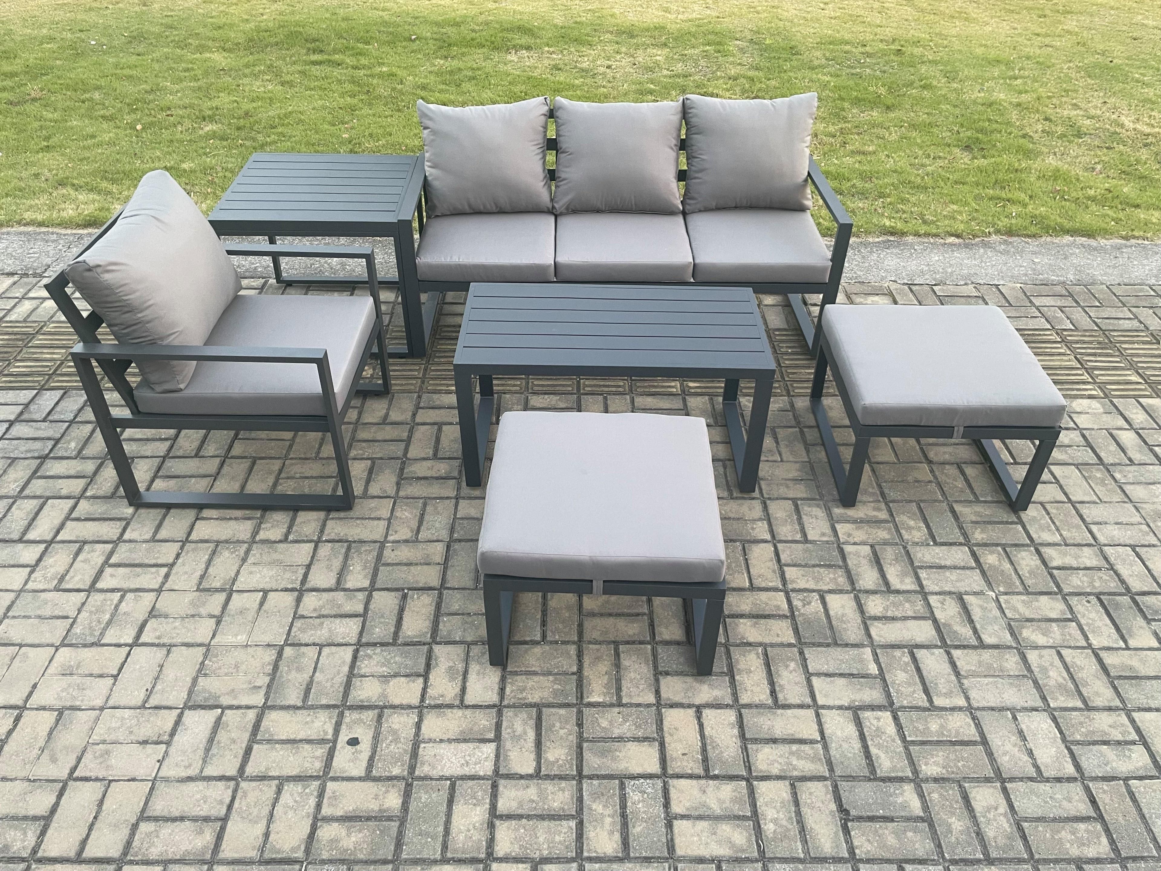 Aluminium 6 Pieces Garden Furniture Sofa Set Cushions 6 Seater Outdoor Patio Set Armchair 2 Big Footstools Side Table