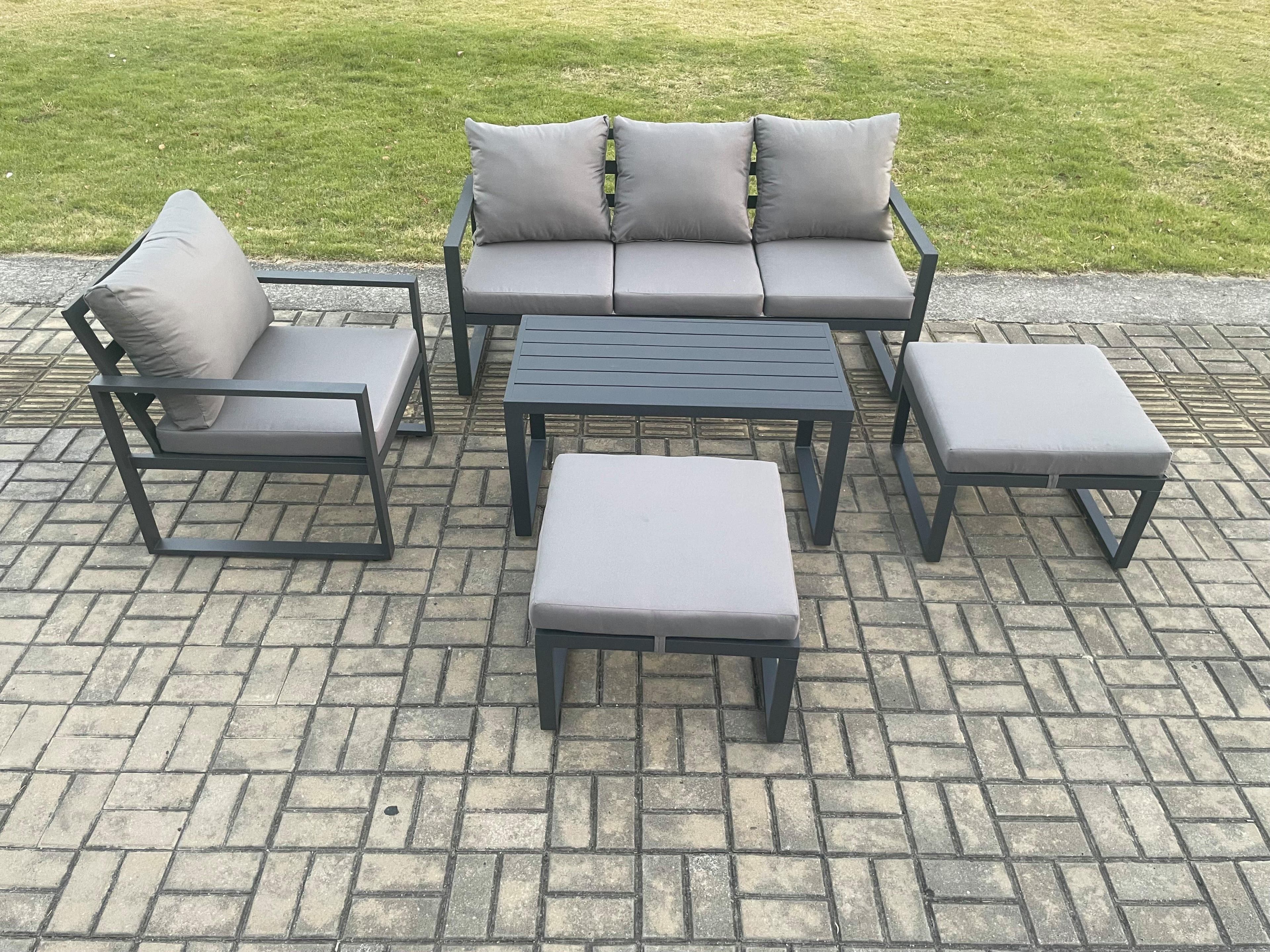 Aluminium 5 Pieces Garden Furniture Sofa Set Cushions 6 Seater Outdoor Patio Set Armchair 2 Big Footstools Dark Grey