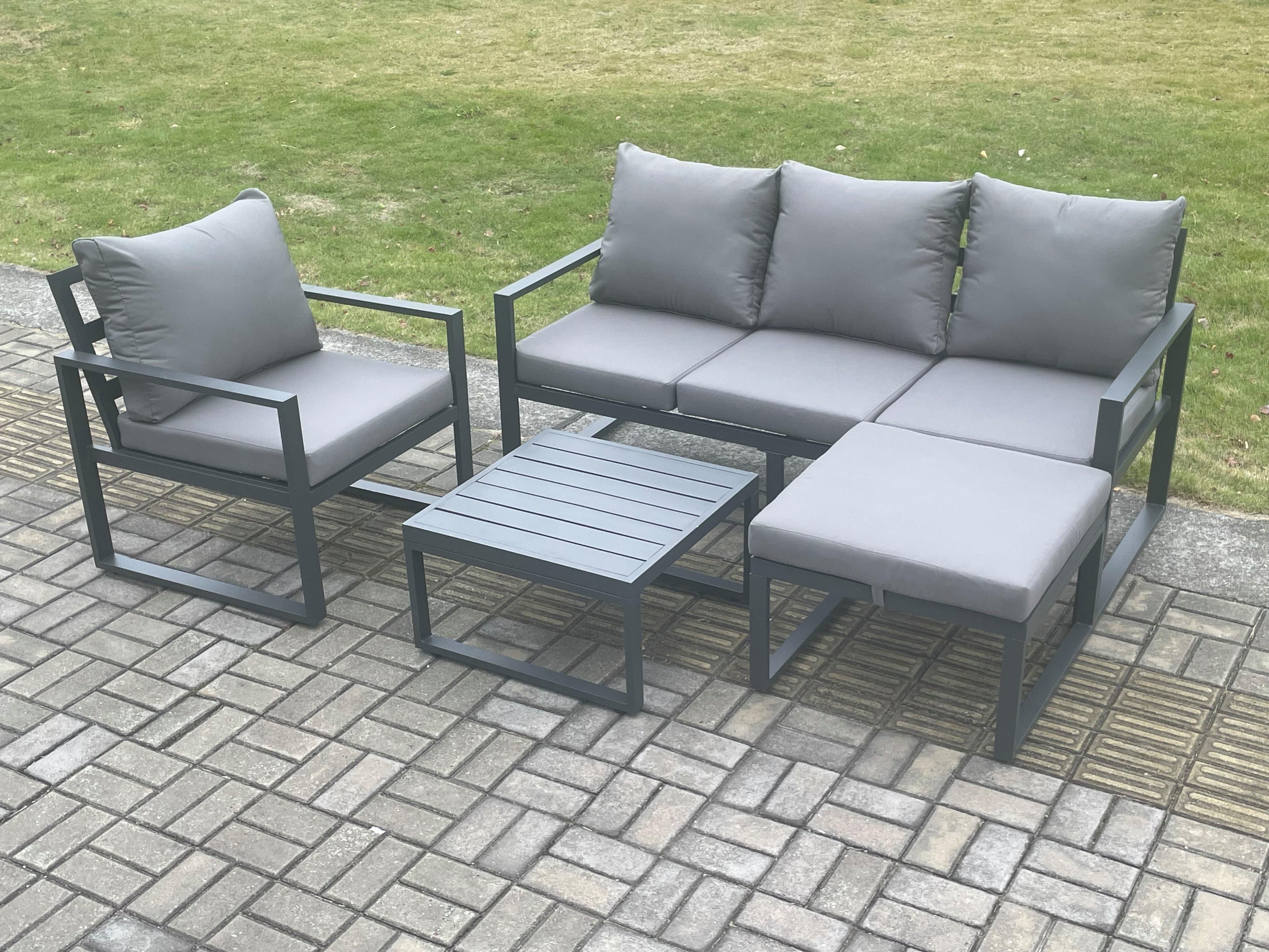 Aluminium Outdoor Garden Furniture Set Lounge Sofa Chair Square Coffee Table Sets Big Footstool Dark Grey