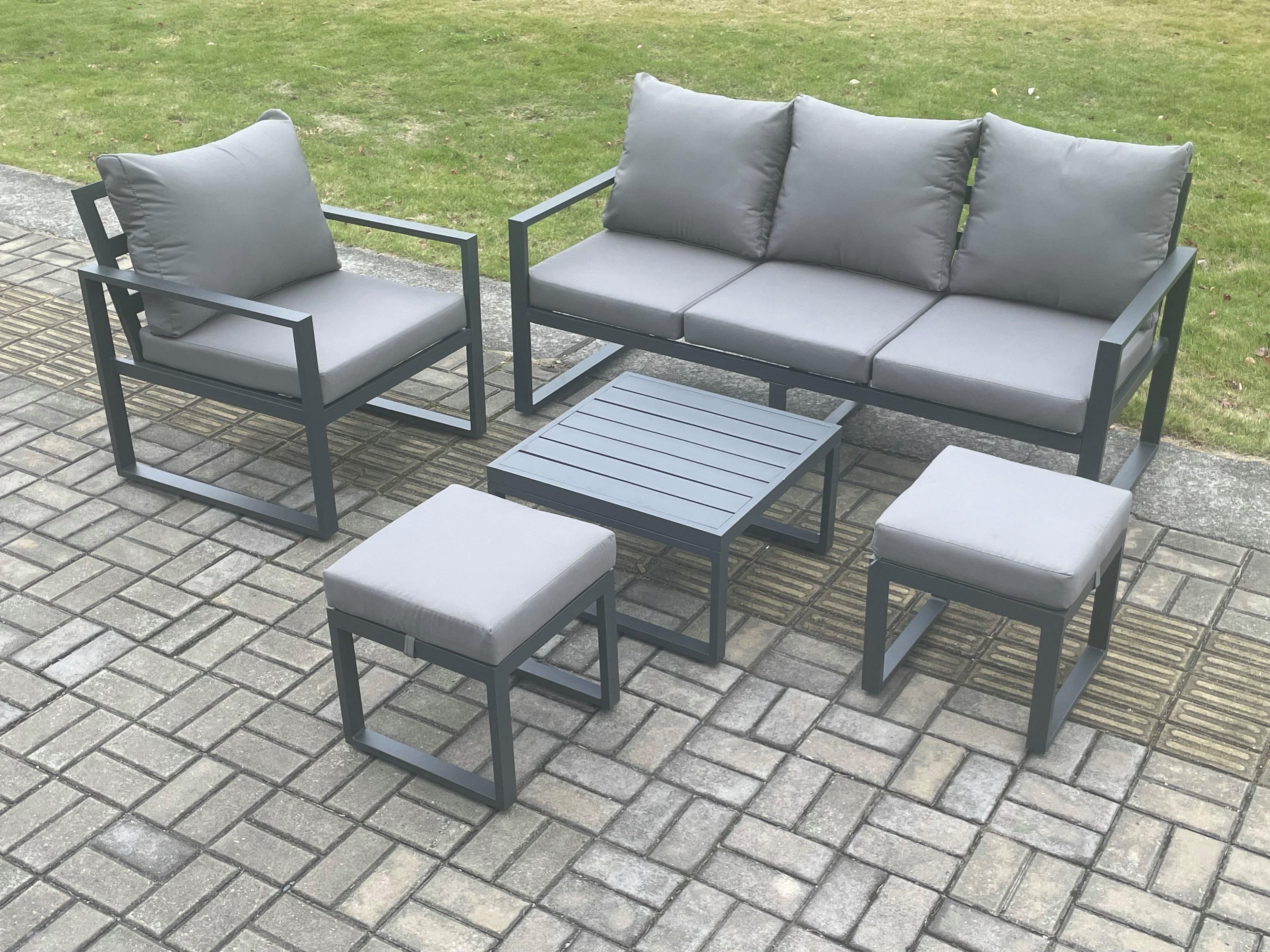 Aluminium Outdoor Garden Furniture Set Lounge Sofa Chair Square Coffee Table Sets 2 Small Footstools Dark Grey