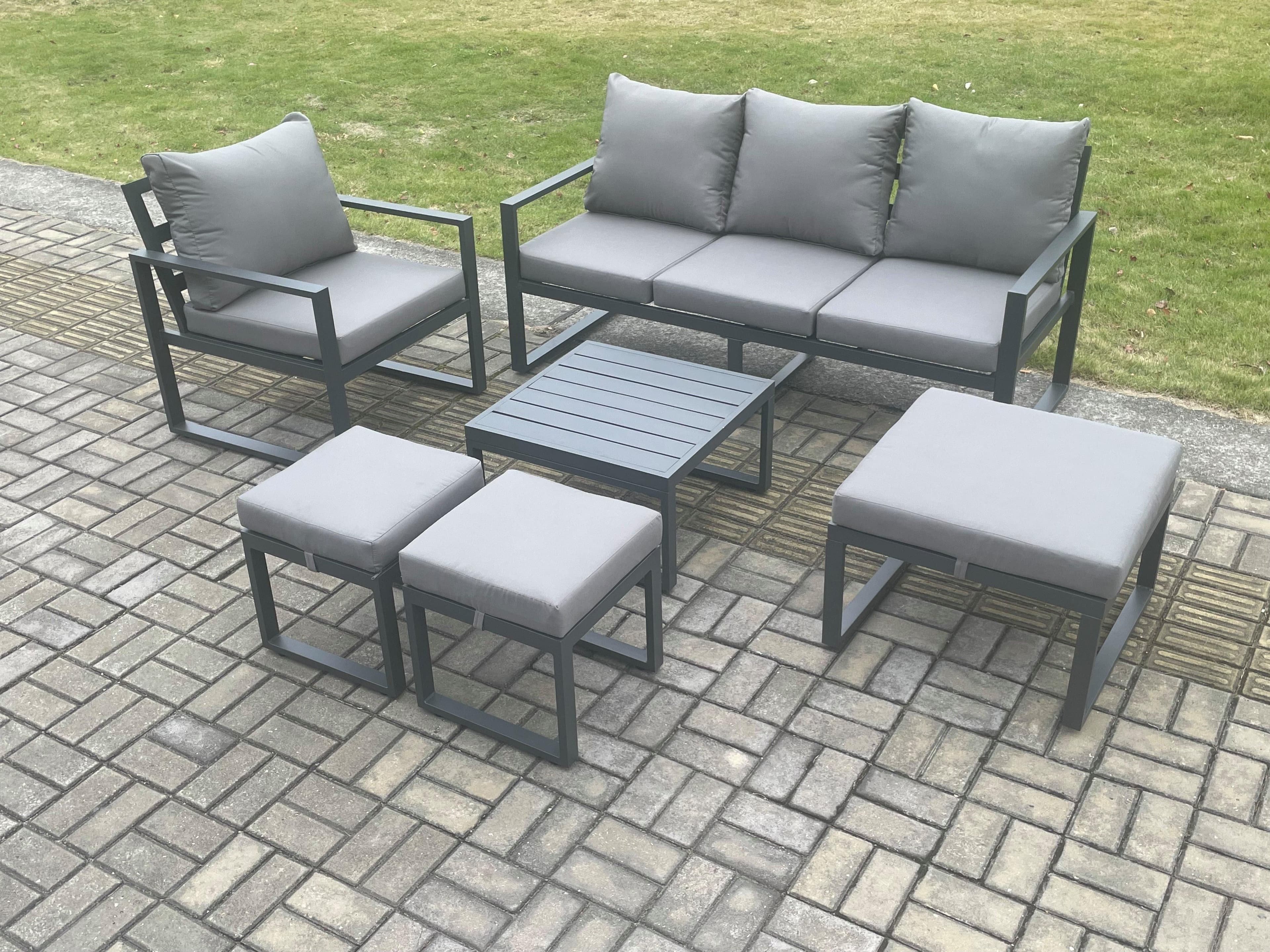 Aluminium Outdoor Garden Furniture Set Lounge Sofa Chair Square Coffee Table Sets 3 Footstools Dark Grey