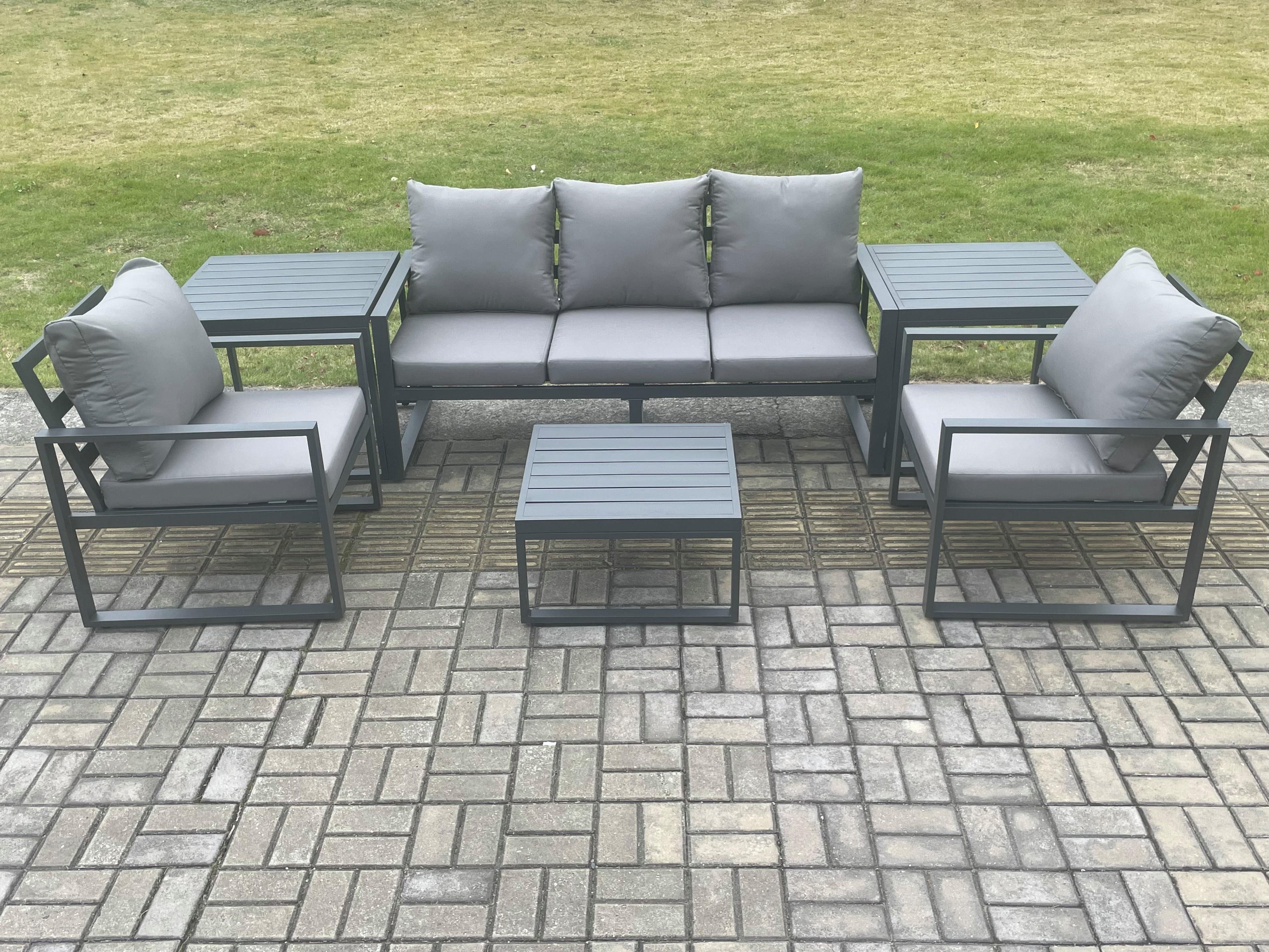 Aluminium Outdoor Garden Furniture Set Lounge Sofa 2 PC Chairs Square Coffee Table Sets 2 Side Tables Dark Grey
