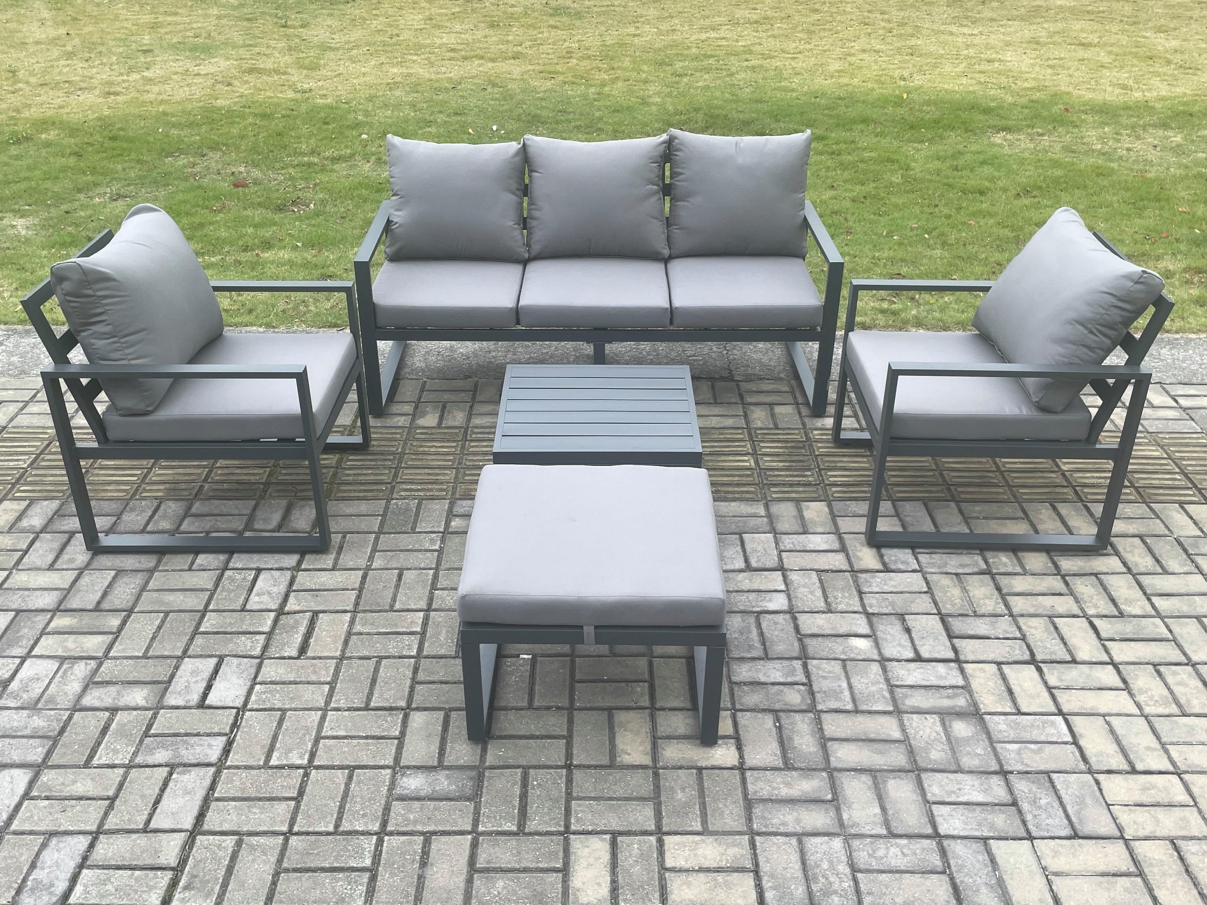 Aluminium Outdoor Garden Furniture Set Lounge Sofa 2 PC Chairs Square Coffee Table Sets Big Footstool Dark Grey