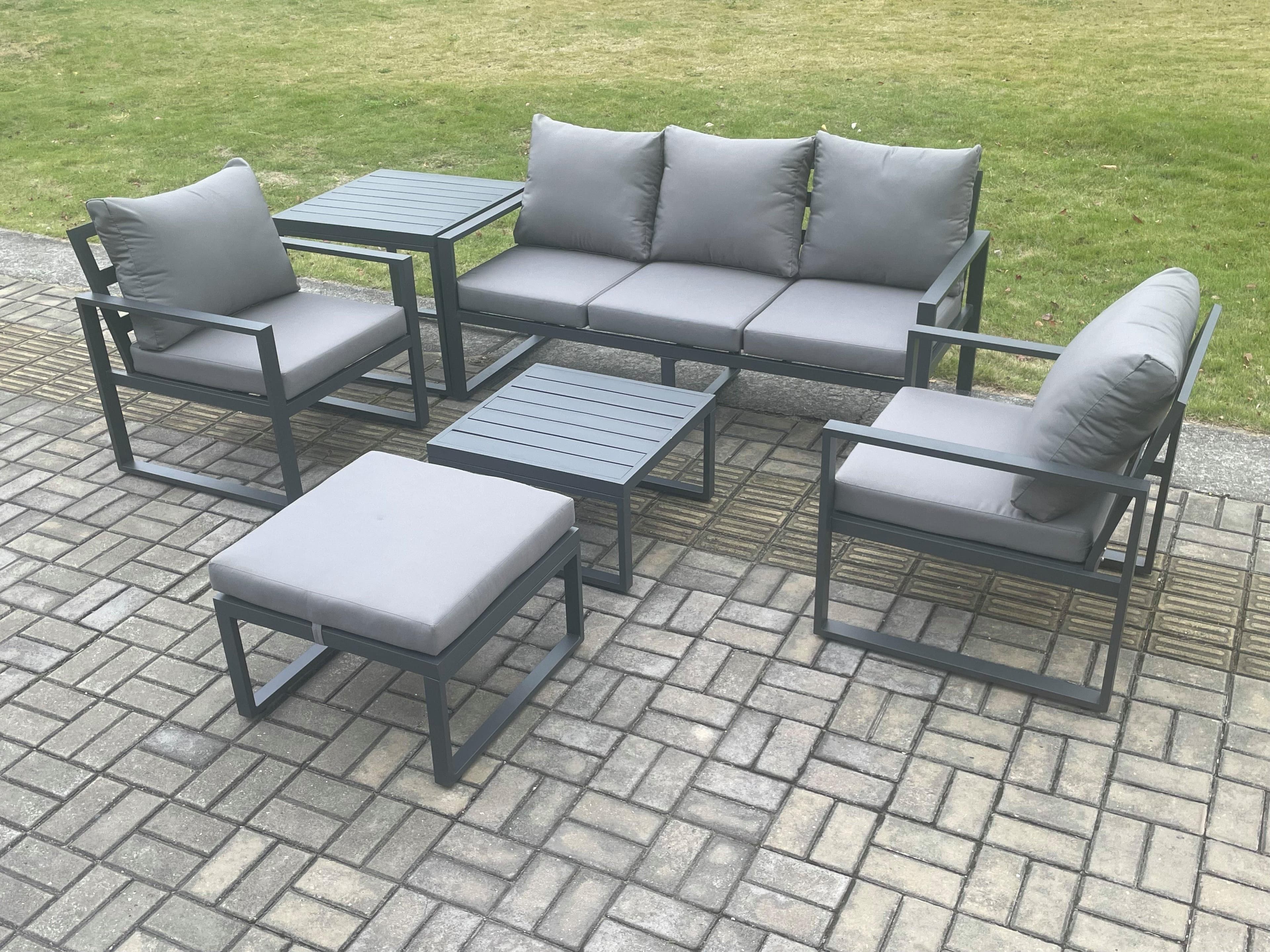 Aluminium 6 Seater Outdoor Lounge Sofa Set Garden Furniture Sets Square Coffee Table Chair Big Footstool Side Table Dark Grey