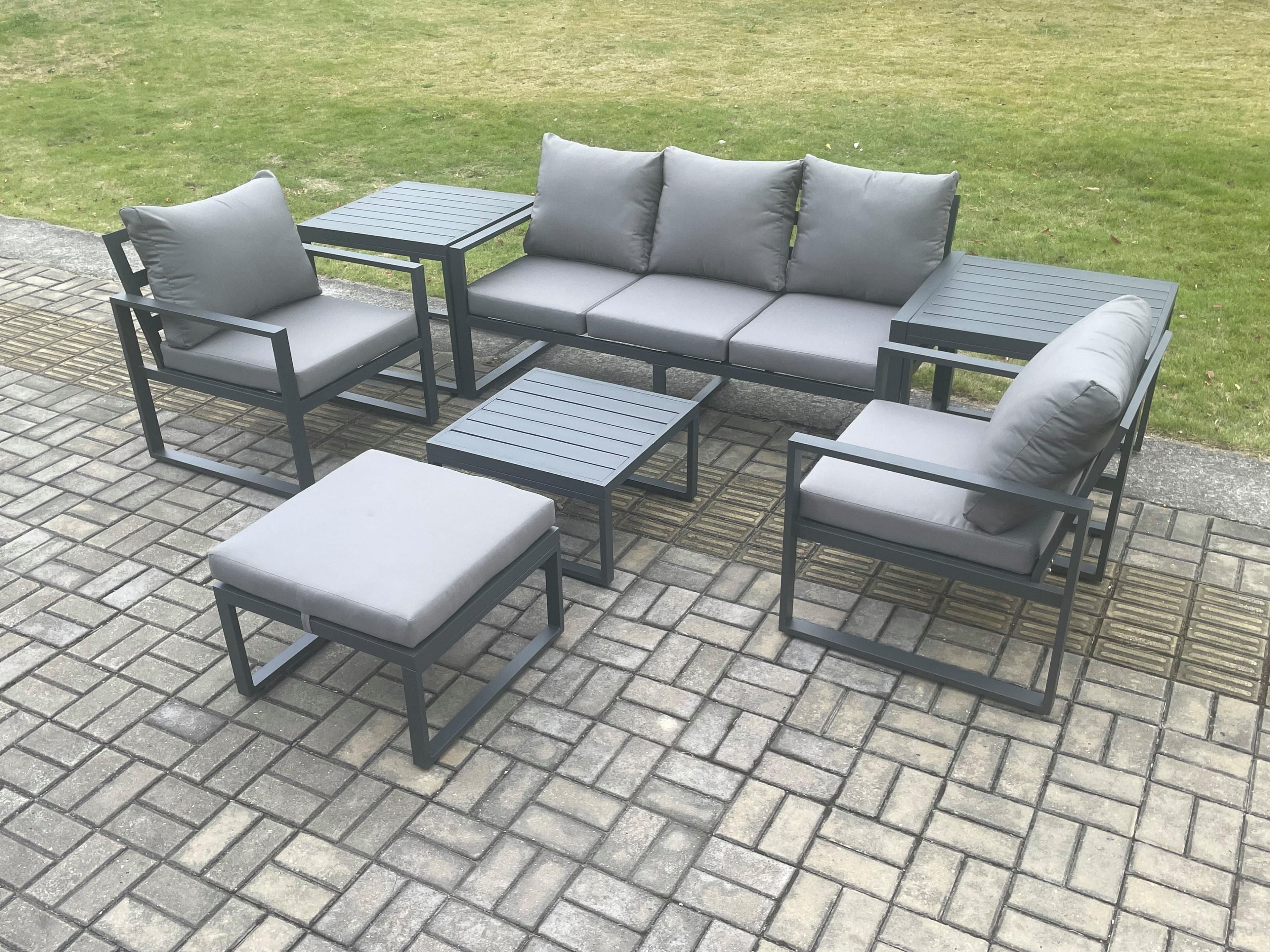 Aluminium 6 Seater Outdoor Lounge Sofa Set Garden Furniture Sets Square Coffee Table Chair Big Footstool 2 Side Tables Dark Grey