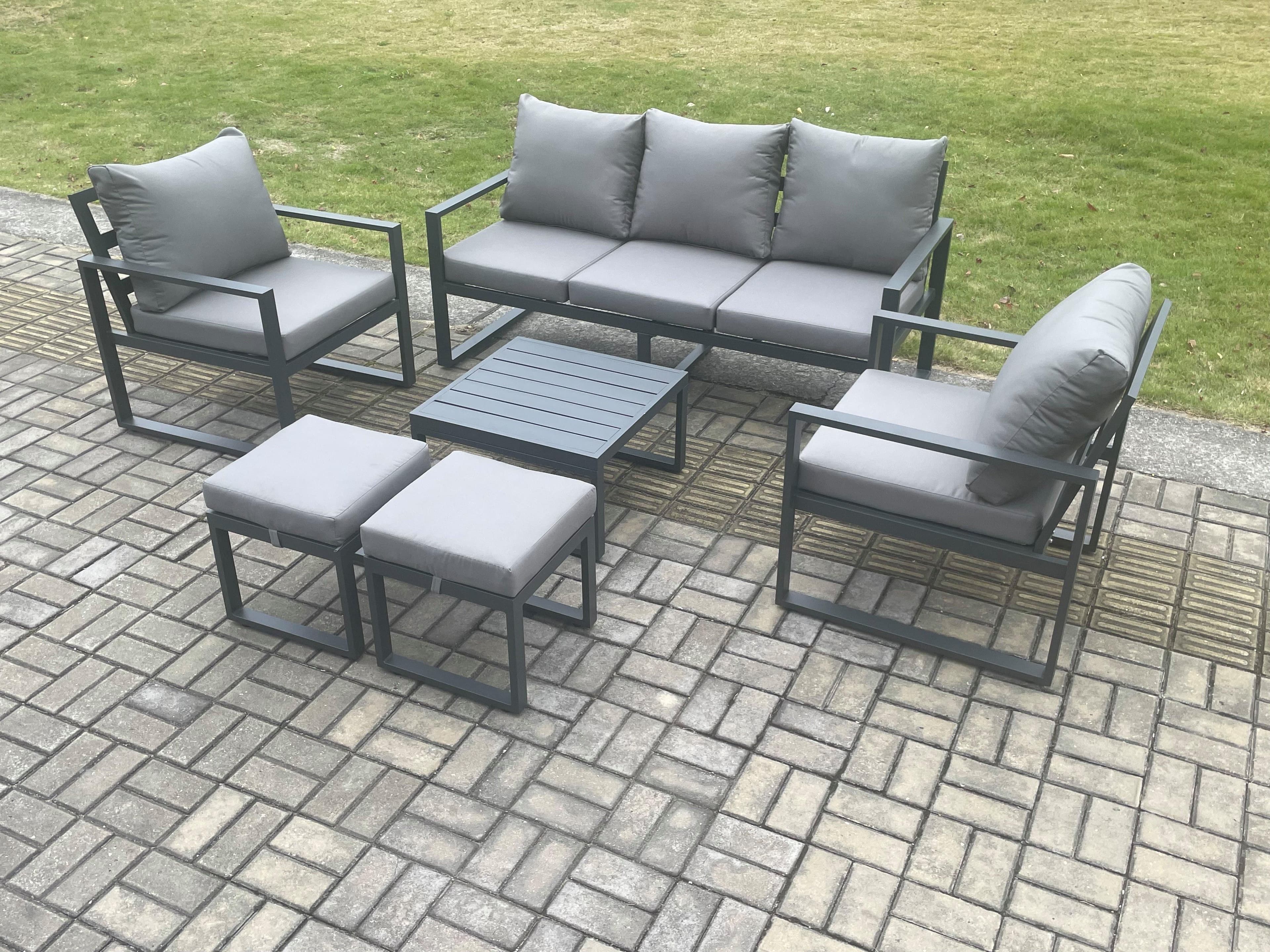 Aluminium 7 Seater Outdoor Lounge Sofa Set Garden Furniture Sets Square Coffee Table 2 Chairs 2 Small Footstools Dark Grey