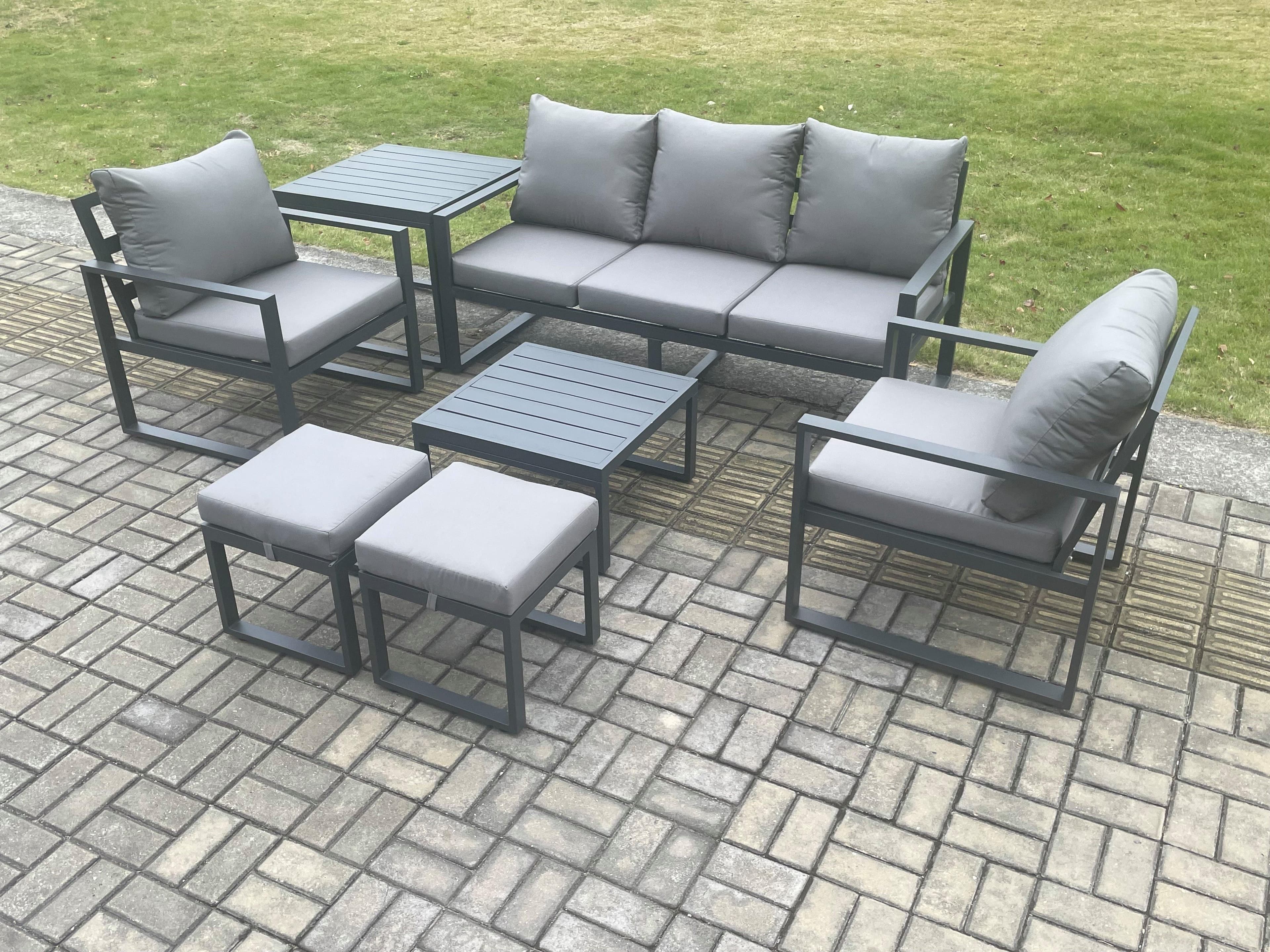 Aluminium 7 Seater Outdoor Lounge Sofa Set Garden Furniture Sets Square Coffee Table 2 Chairs 2 Small Footstools Side Table Dark Grey